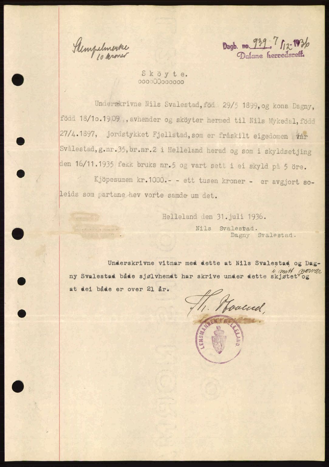 Dalane sorenskriveri, SAST/A-100309/02/G/Gb/L0041: Pantebok nr. A2, 1936-1937, Dagboknr: 939/1936