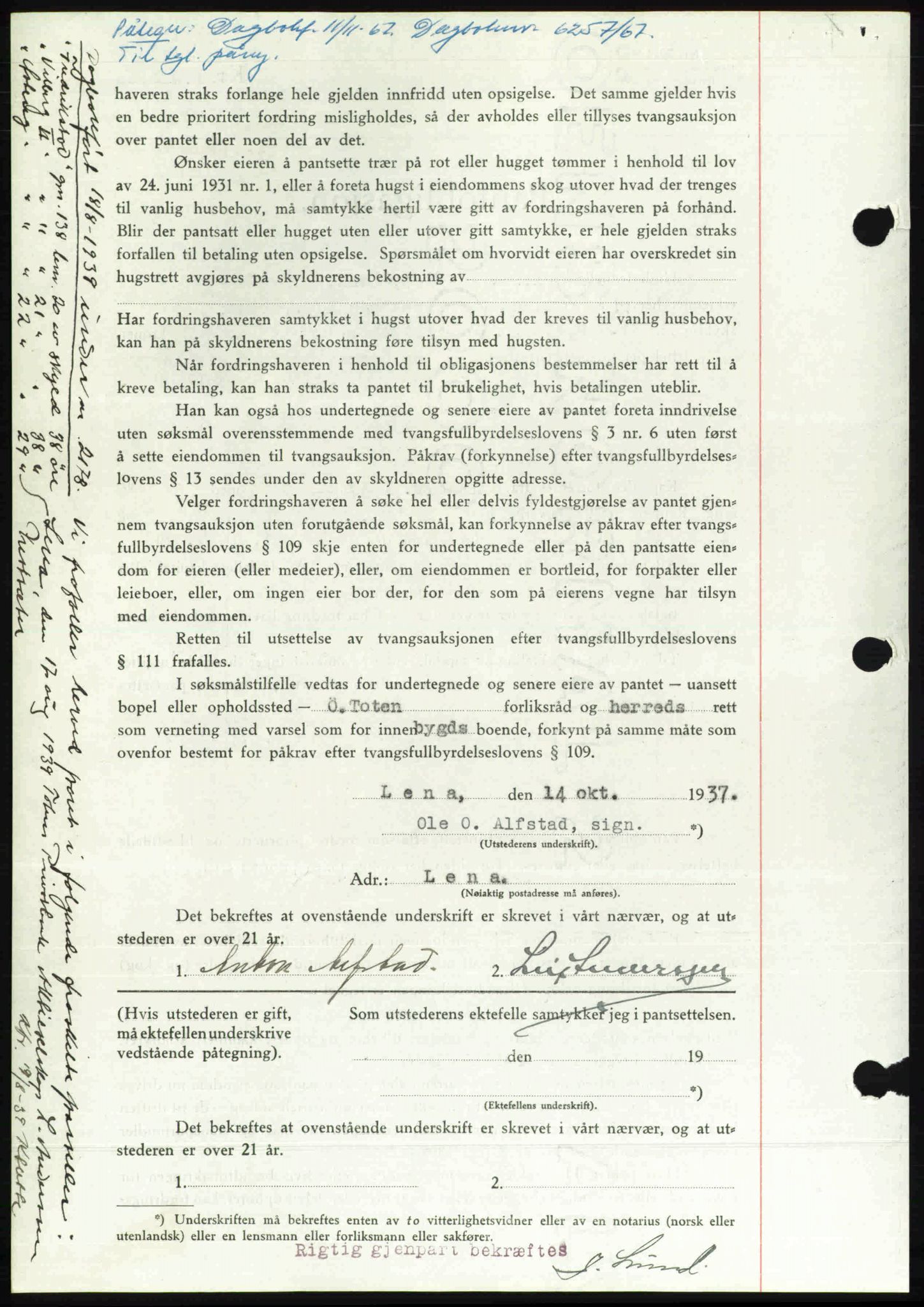 Toten tingrett, SAH/TING-006/H/Hb/Hbc/L0003: Pantebok nr. Hbc-03, 1937-1938, Dagboknr: 2654/1937