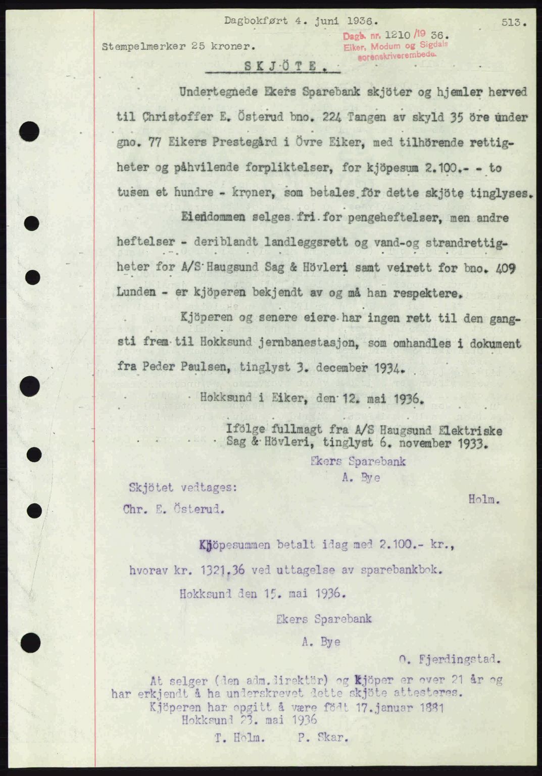 Eiker, Modum og Sigdal sorenskriveri, SAKO/A-123/G/Ga/Gab/L0032: Pantebok nr. A2, 1936-1936, Dagboknr: 1210/1936