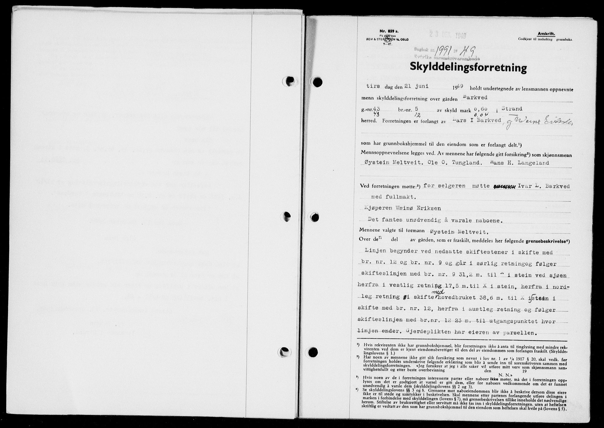 Ryfylke tingrett, SAST/A-100055/001/II/IIB/L0108: Pantebok nr. 87, 1949-1950, Dagboknr: 1991/1949