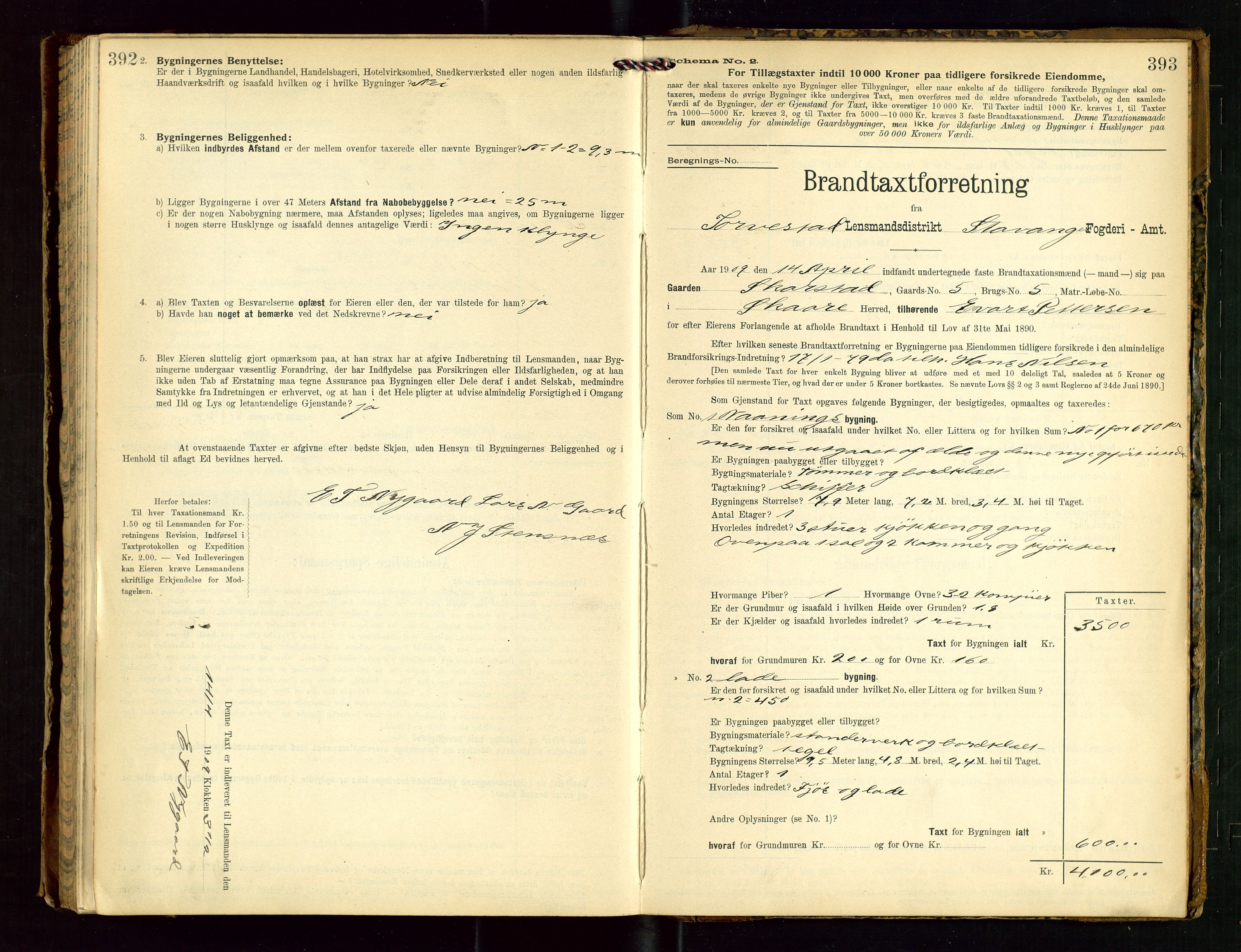 Torvestad lensmannskontor, SAST/A-100307/1/Gob/L0003: "Brandtaxationsprotokol for Torvestad Lensmannsdistrikt", 1905-1909, s. 392-393