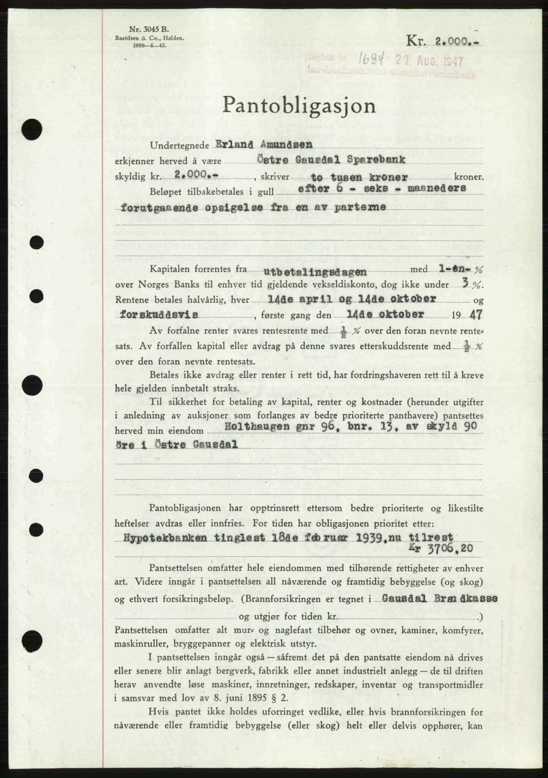 Sør-Gudbrandsdal tingrett, SAH/TING-004/H/Hb/Hbe/L0003: Pantebok nr. B3, 1943-1948, Dagboknr: 1684/1947