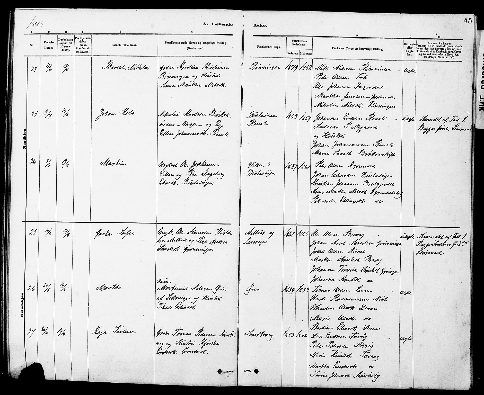 Ministerialprotokoller, klokkerbøker og fødselsregistre - Sør-Trøndelag, AV/SAT-A-1456/647/L0636: Klokkerbok nr. 647C01, 1881-1884, s. 45