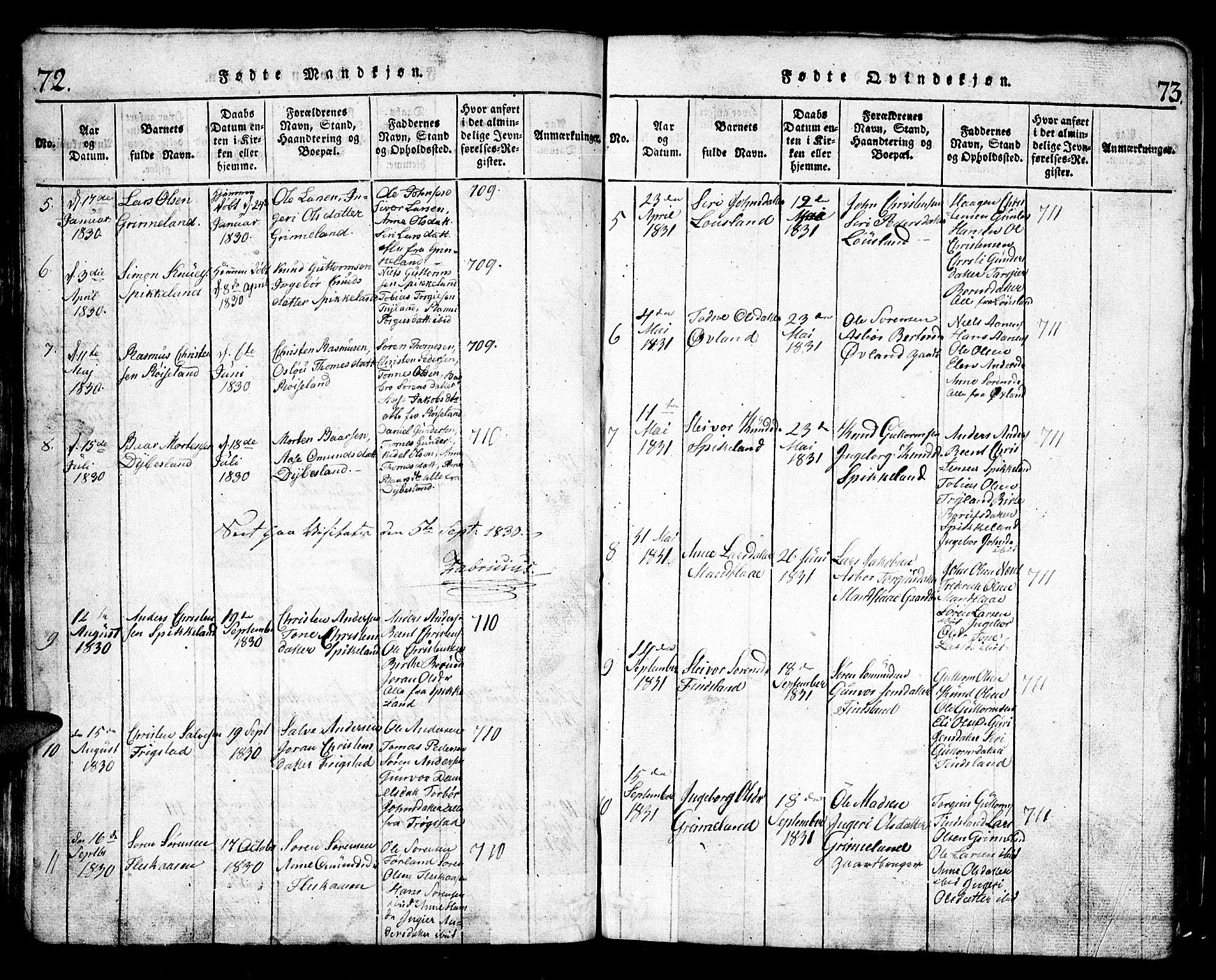 Bjelland sokneprestkontor, SAK/1111-0005/F/Fb/Fbb/L0003: Klokkerbok nr. B 3, 1816-1868, s. 72-73