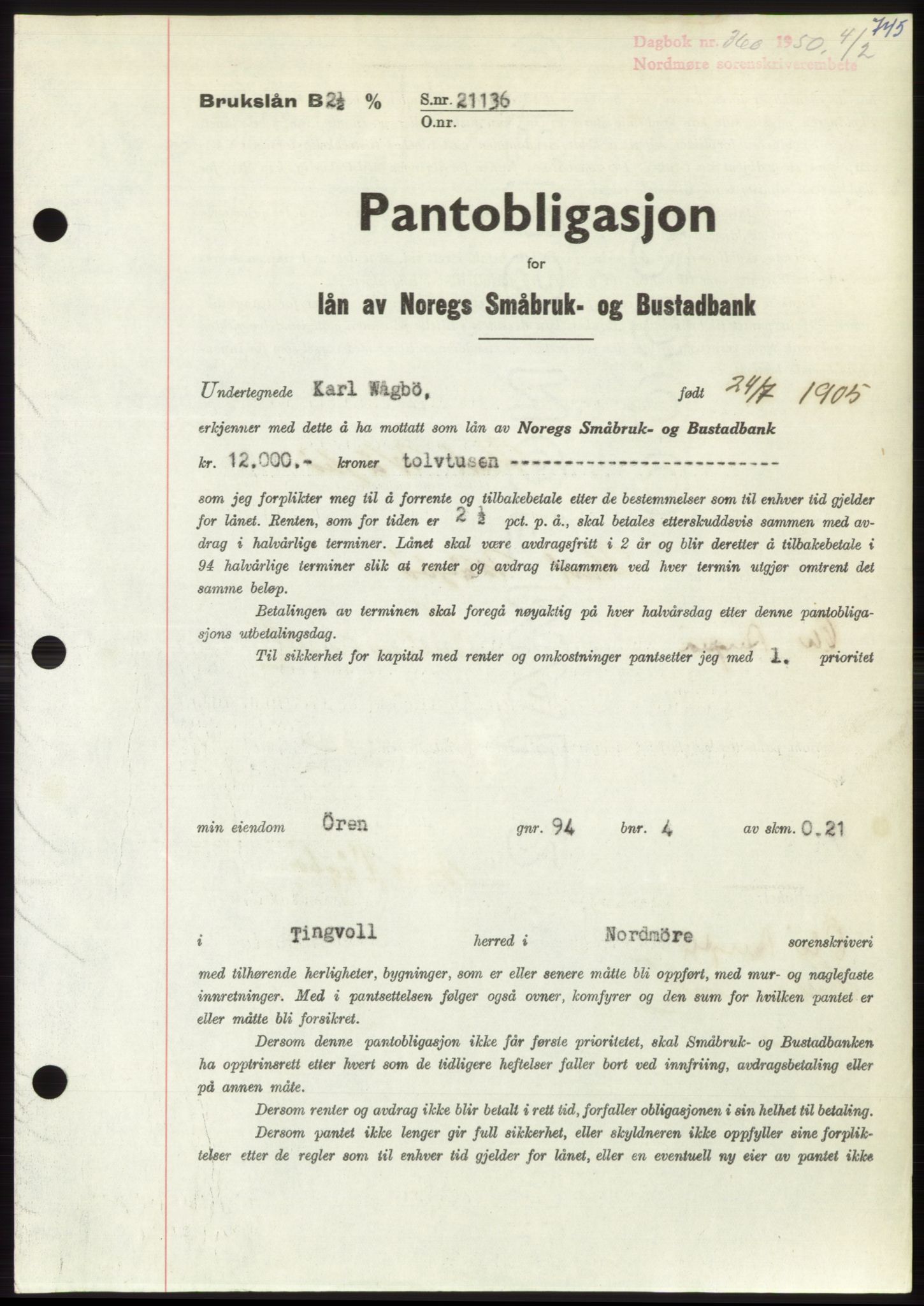 Nordmøre sorenskriveri, AV/SAT-A-4132/1/2/2Ca: Pantebok nr. B103, 1949-1950, Dagboknr: 360/1950