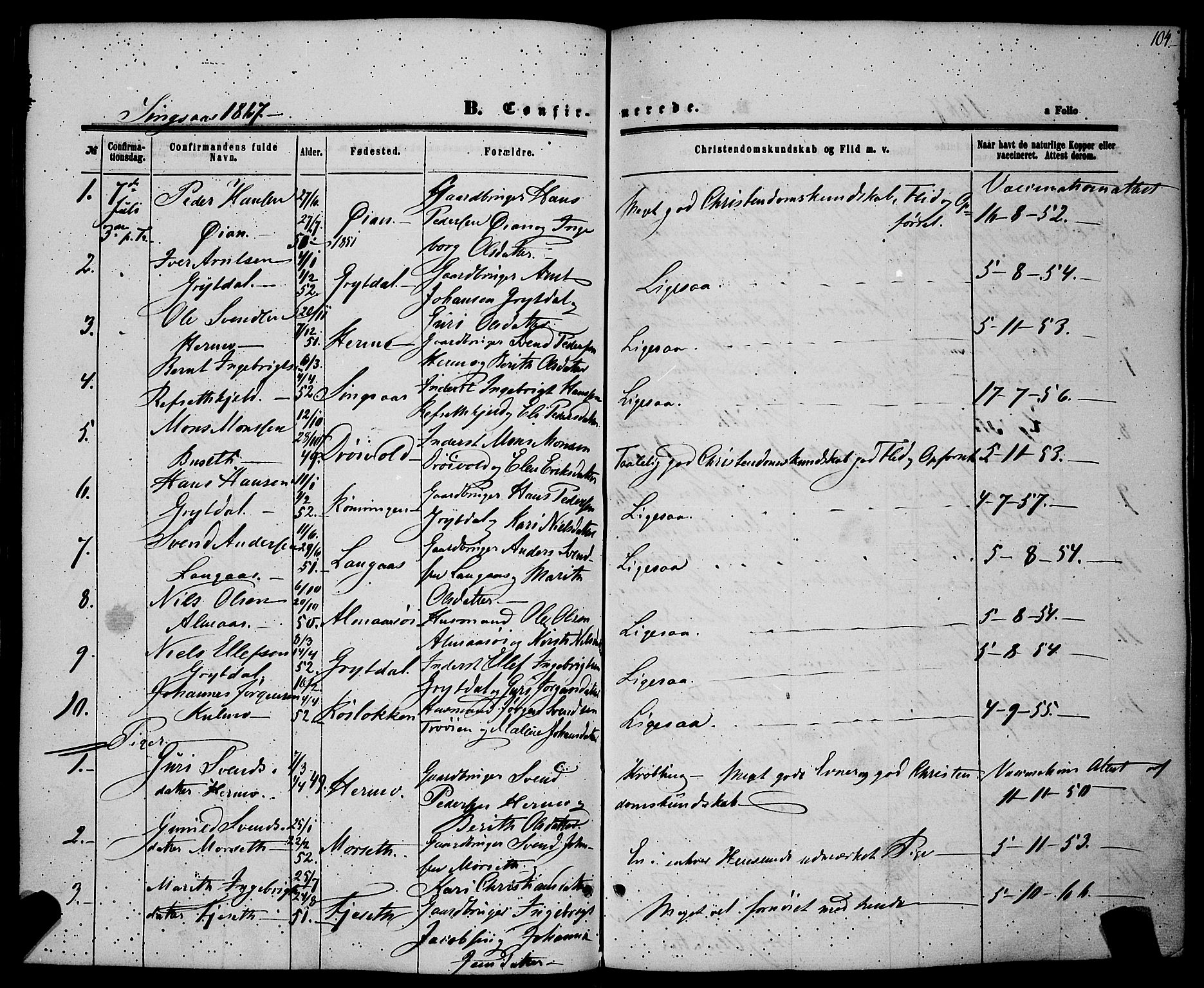 Ministerialprotokoller, klokkerbøker og fødselsregistre - Sør-Trøndelag, SAT/A-1456/685/L0967: Ministerialbok nr. 685A07 /2, 1860-1869, s. 104