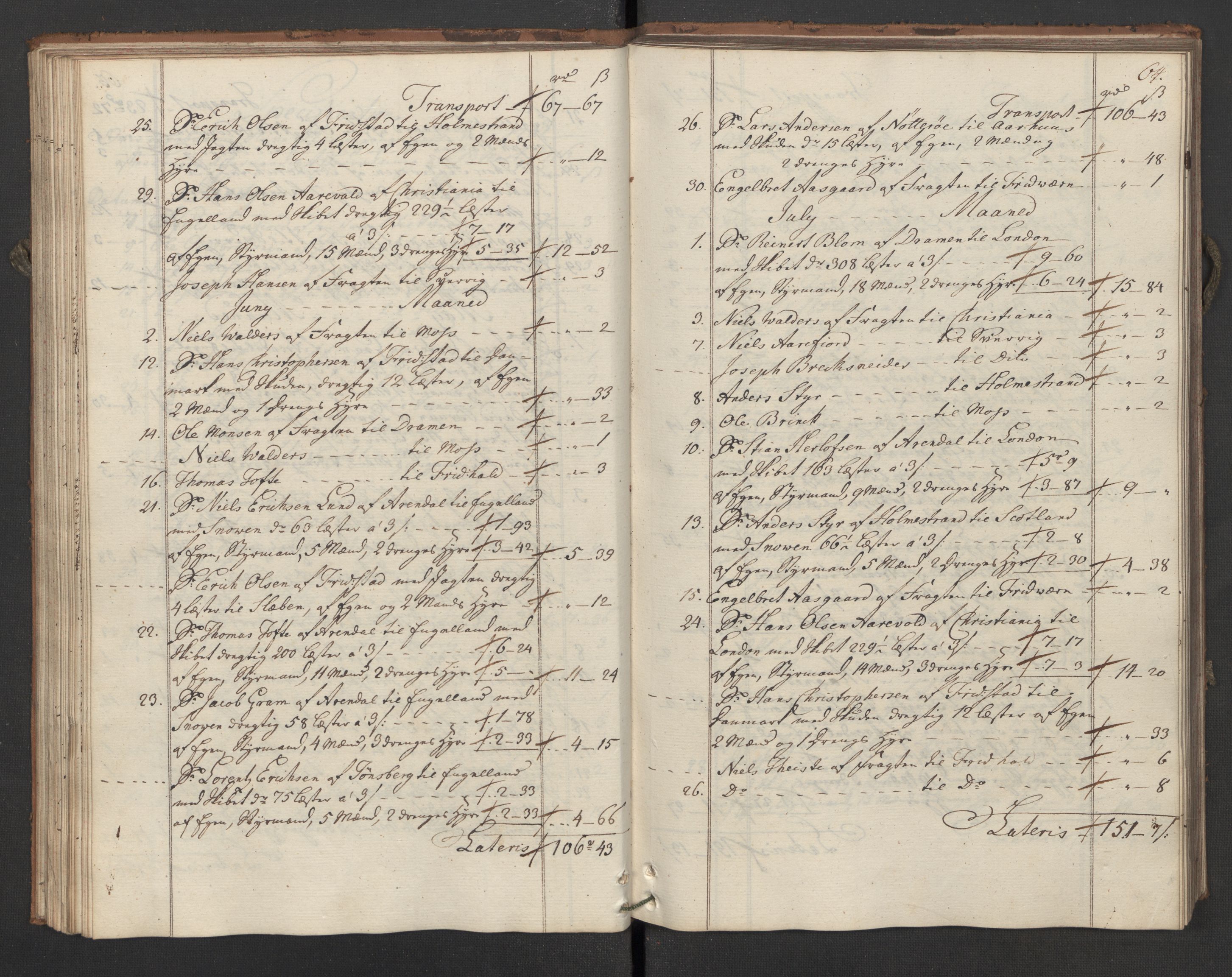 Generaltollkammeret, tollregnskaper, AV/RA-EA-5490/R02/L0035/0001: Tollregnskaper Fredrikstad / Utgående hovedtollbok, 1762, s. 63b-64a