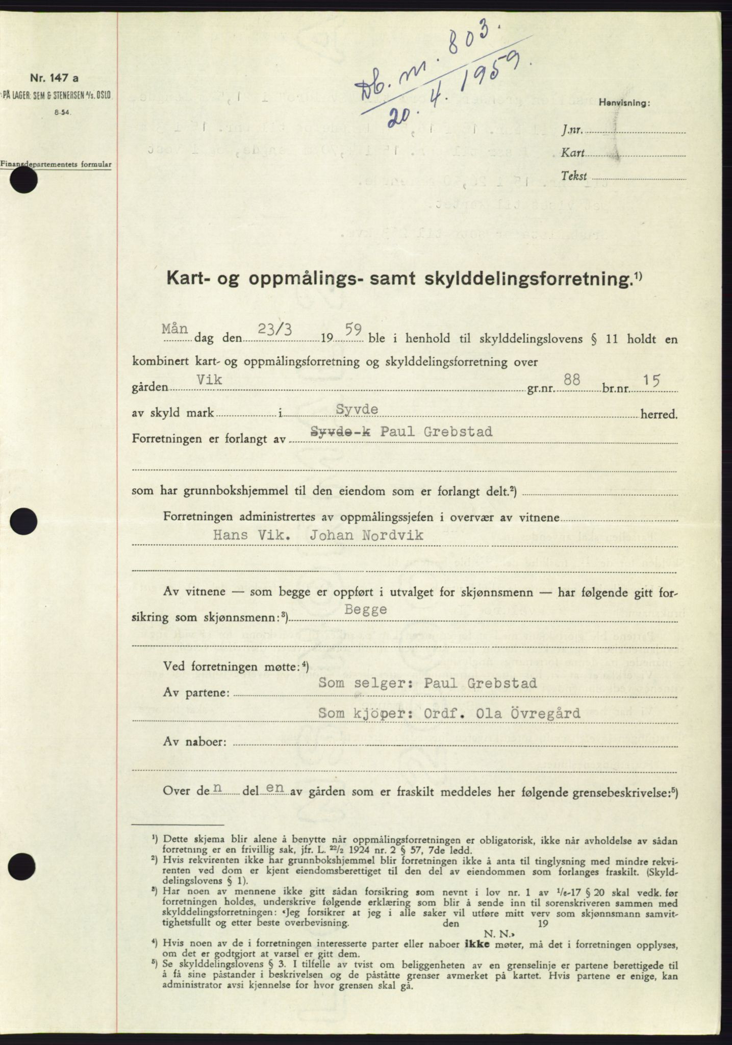 Søre Sunnmøre sorenskriveri, SAT/A-4122/1/2/2C/L0112: Pantebok nr. 38A, 1959-1959, Dagboknr: 803/1959