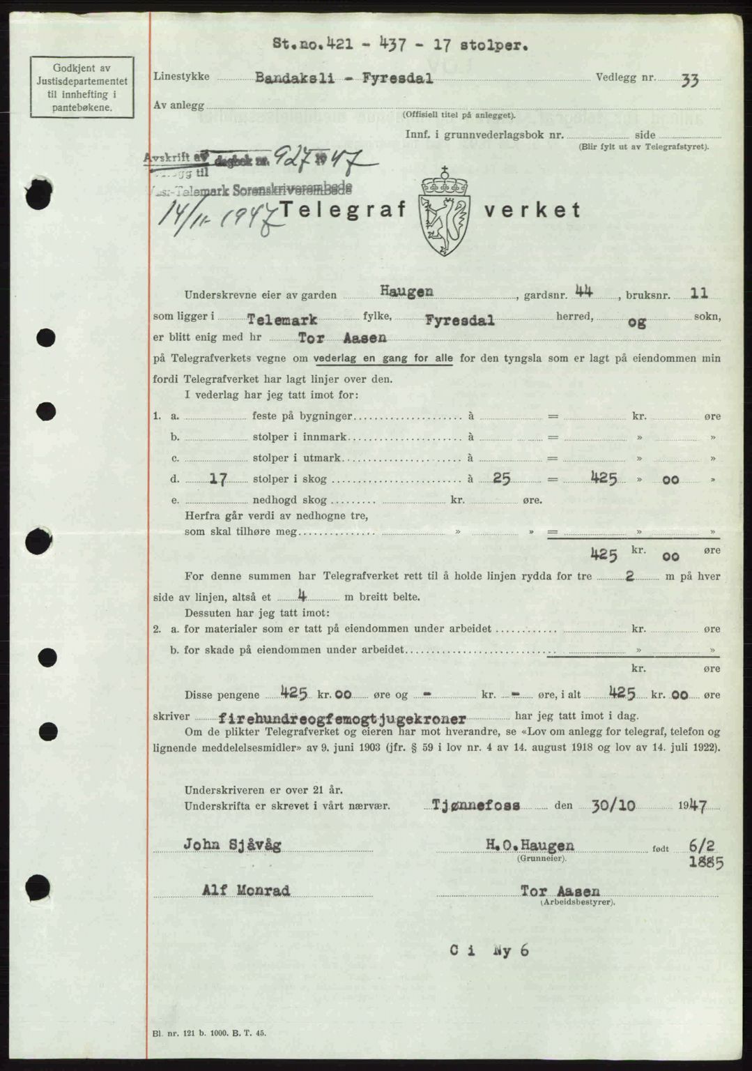 Vest-Telemark sorenskriveri, SAKO/A-134/G/Ga/Gac/L0008: Pantebok nr. A-8, 1947-1948, Dagboknr: 927/1947