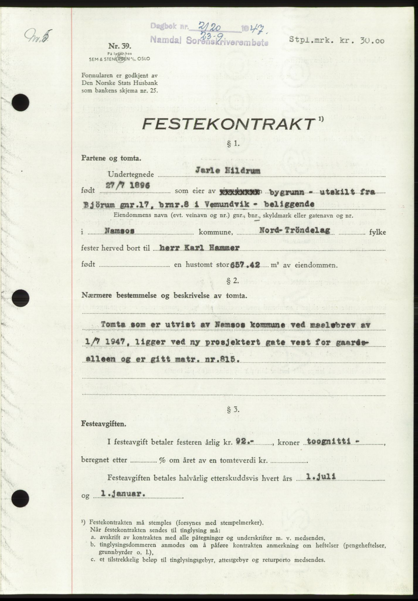Namdal sorenskriveri, SAT/A-4133/1/2/2C: Pantebok nr. -, 1947-1947, Dagboknr: 2120/1947