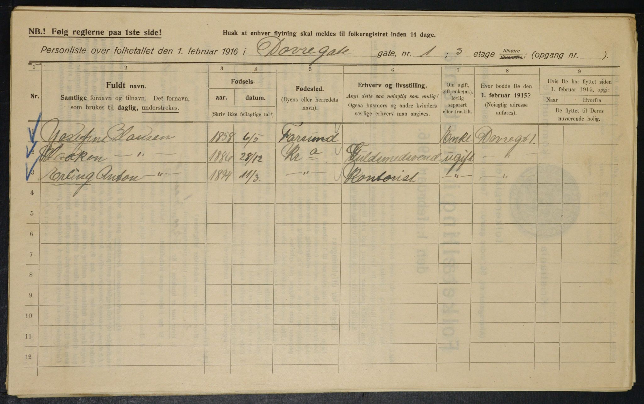 OBA, Kommunal folketelling 1.2.1916 for Kristiania, 1916, s. 16101