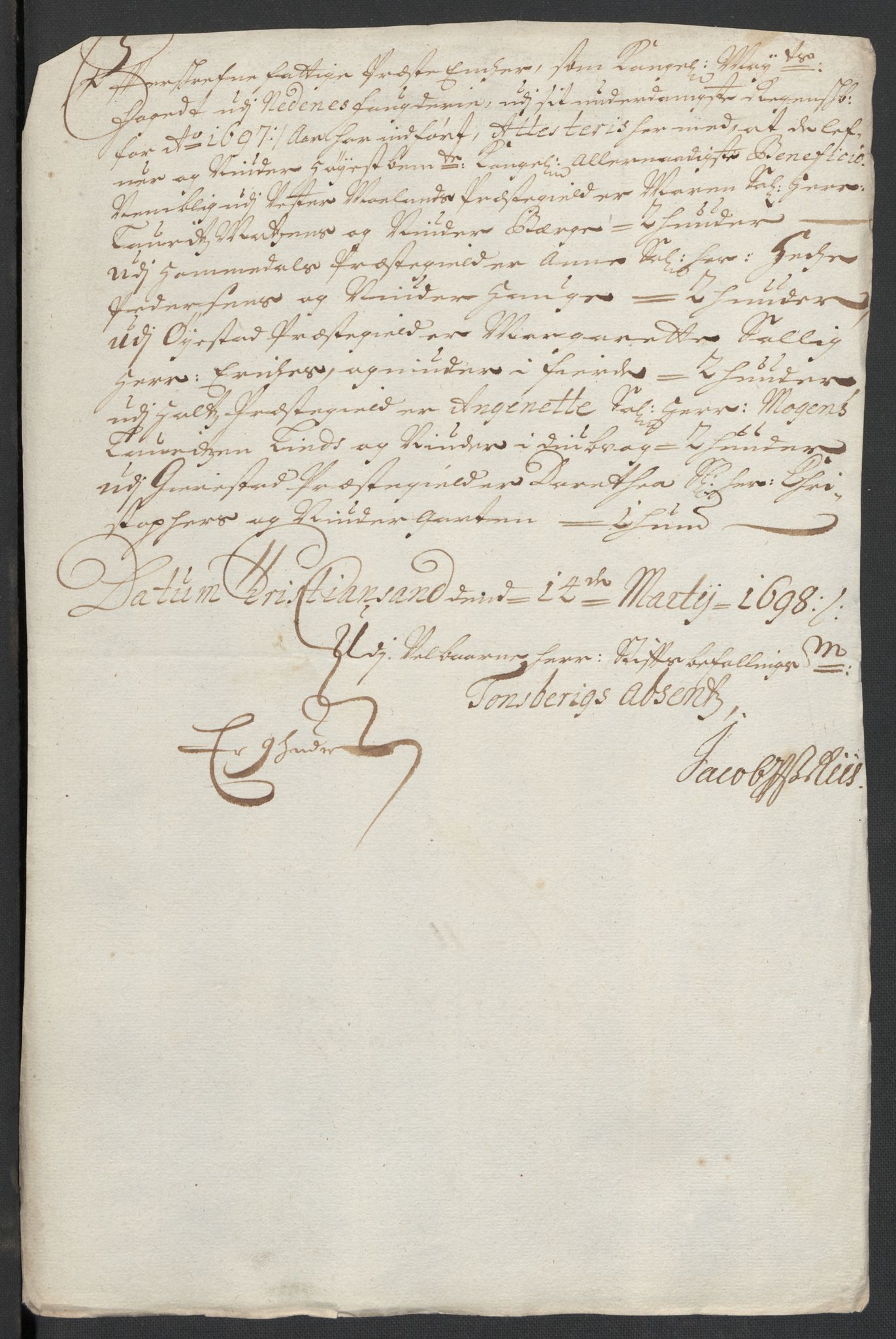 Rentekammeret inntil 1814, Reviderte regnskaper, Fogderegnskap, AV/RA-EA-4092/R39/L2313: Fogderegnskap Nedenes, 1696-1697, s. 170