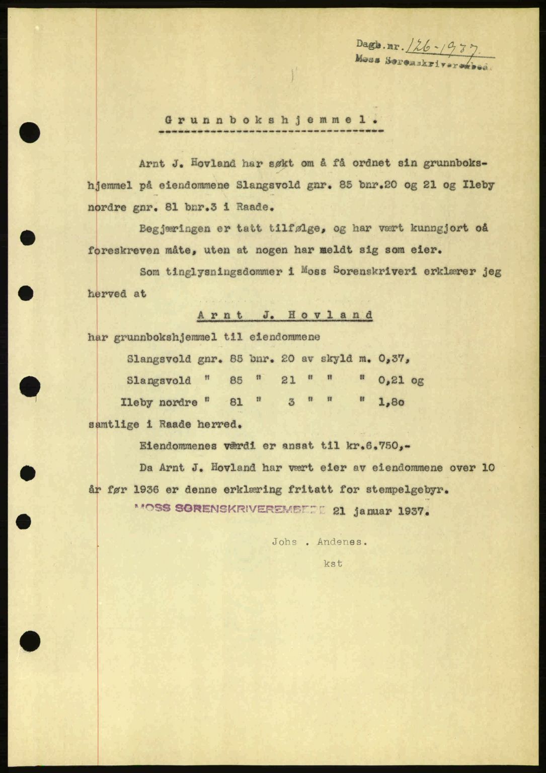 Moss sorenskriveri, SAO/A-10168: Pantebok nr. A2, 1936-1937, Dagboknr: 126/1936