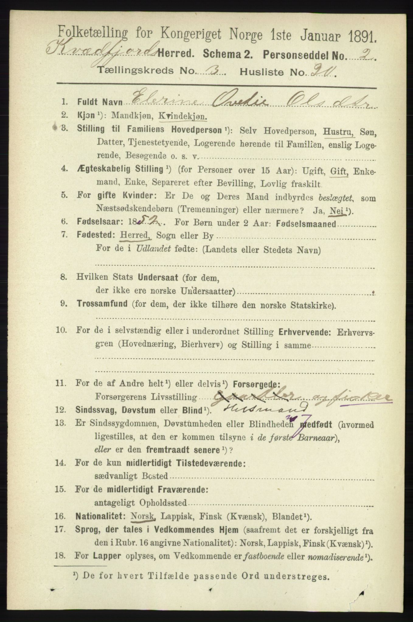 RA, Folketelling 1891 for 1911 Kvæfjord herred, 1891, s. 1396