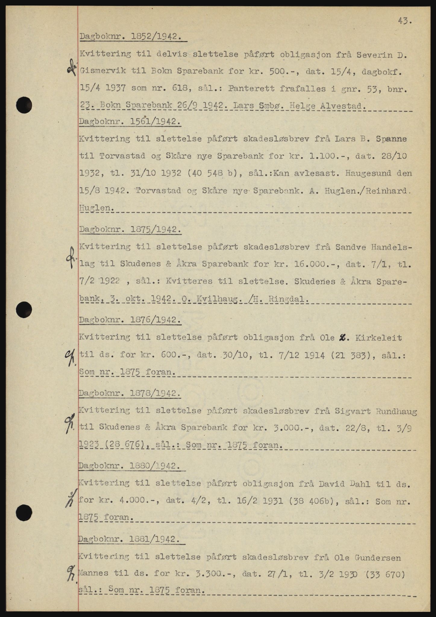 Karmsund sorenskriveri, SAST/A-100311/01/II/IIBBE/L0008: Pantebok nr. B 54, 1942-1943, Dagboknr: 1852/1942