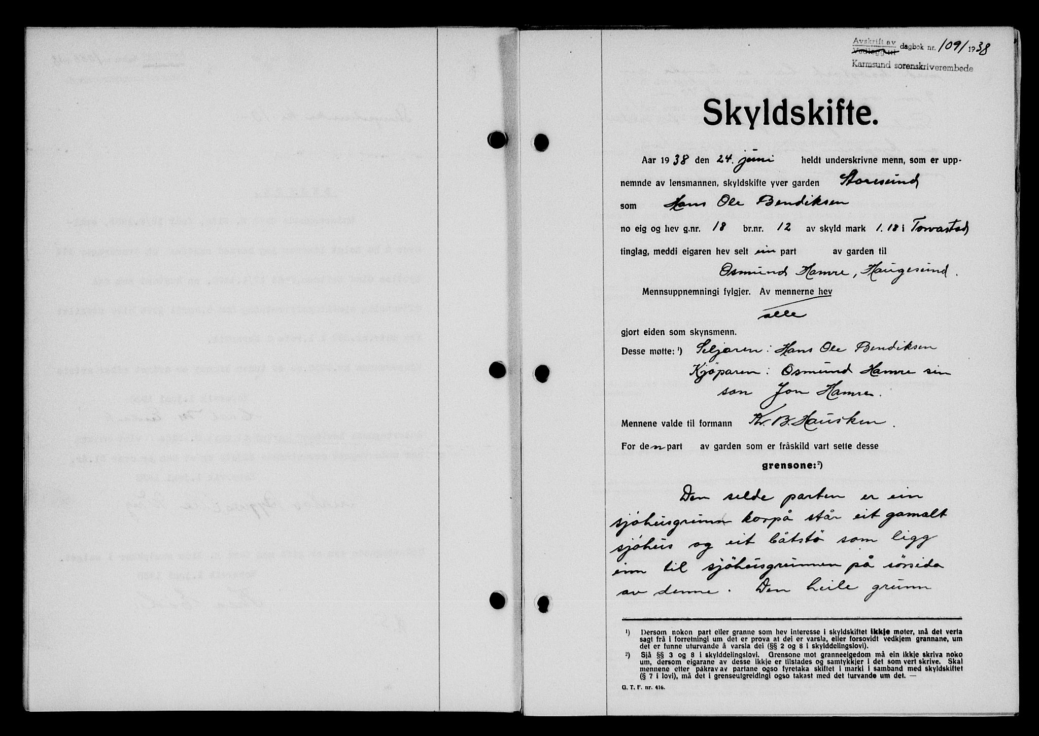 Karmsund sorenskriveri, SAST/A-100311/01/II/IIB/L0069: Pantebok nr. 50A, 1937-1938, Dagboknr: 1091/1938