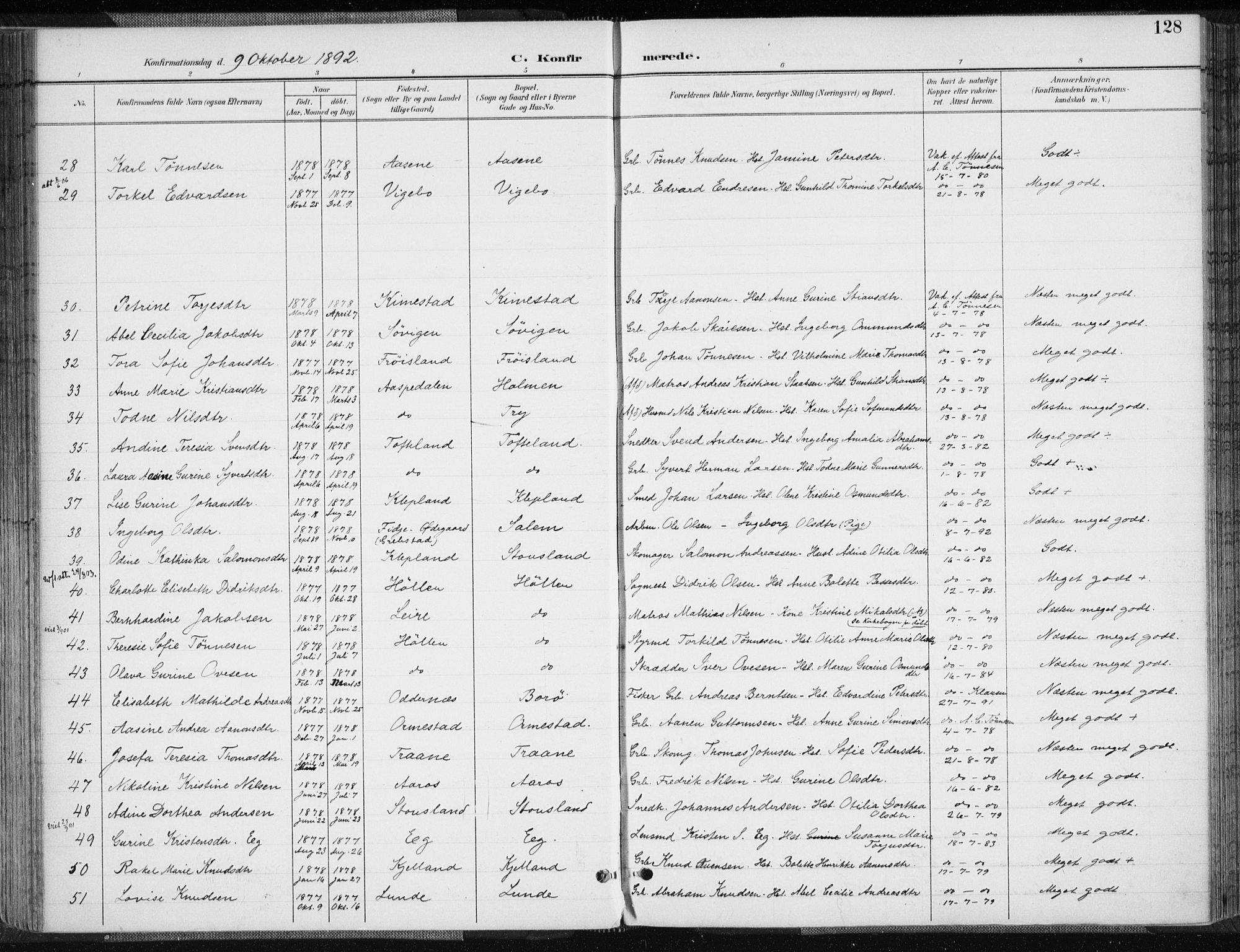 Søgne sokneprestkontor, AV/SAK-1111-0037/F/Fa/Fab/L0013: Ministerialbok nr. A 13, 1892-1911, s. 128