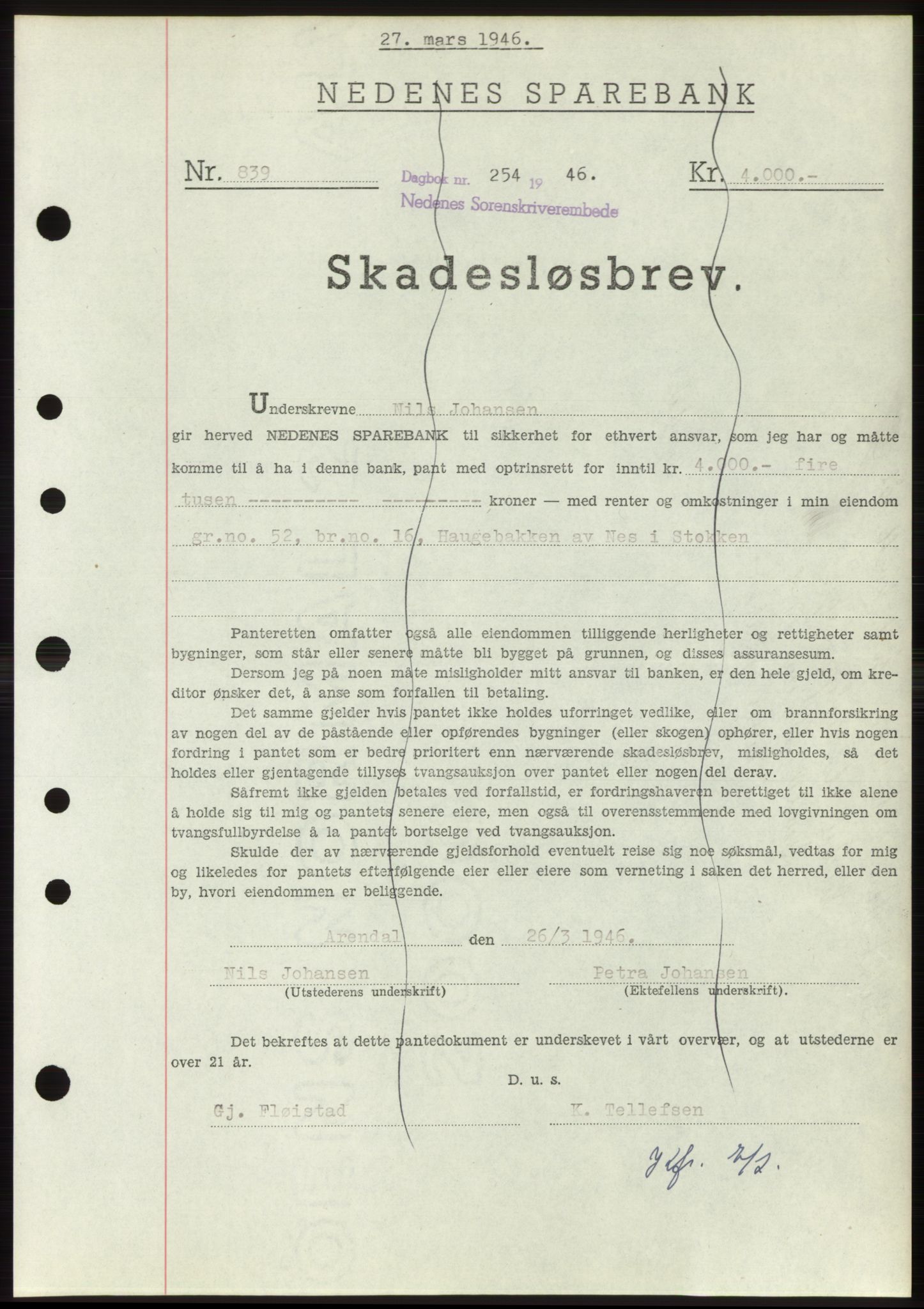 Nedenes sorenskriveri, SAK/1221-0006/G/Gb/Gbb/L0003: Pantebok nr. B3b, 1946-1946, Dagboknr: 254/1946