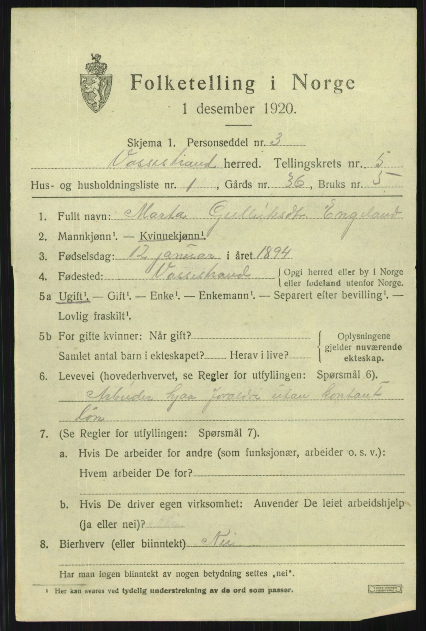 SAB, Folketelling 1920 for 1236 Vossestrand herred, 1920, s. 2374