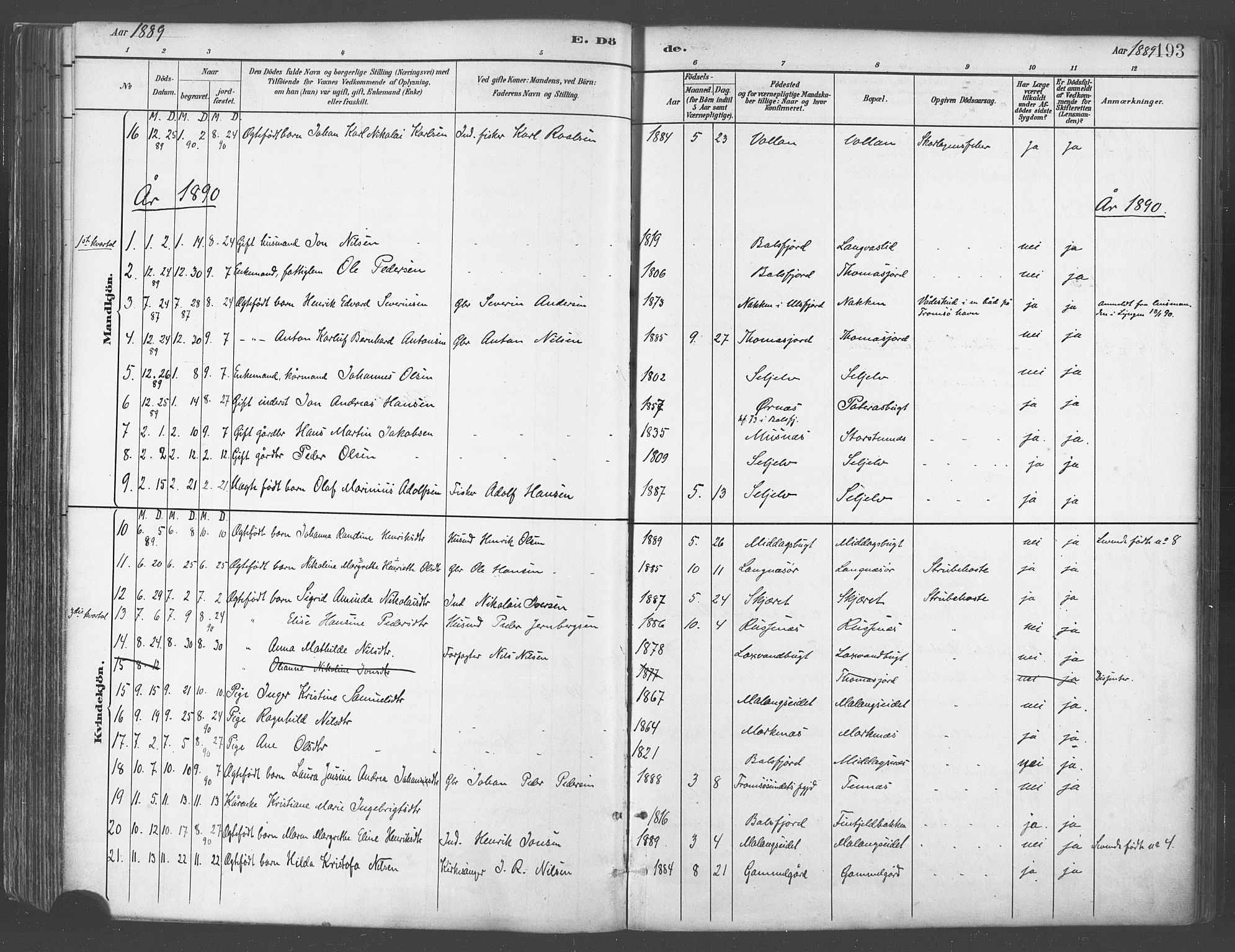 Balsfjord sokneprestembete, AV/SATØ-S-1303/G/Gaa/L0005kirke: Ministerialbok nr. 5, 1884-1897, s. 193
