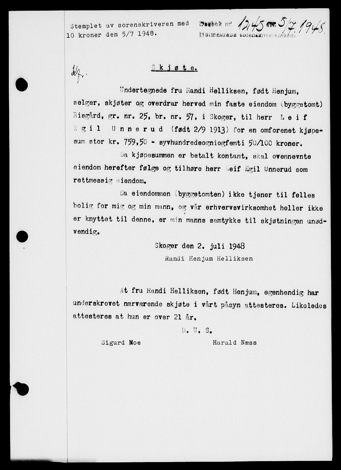 Holmestrand sorenskriveri, SAKO/A-67/G/Ga/Gaa/L0064: Pantebok nr. A-64, 1948-1948, Dagboknr: 1245/1948