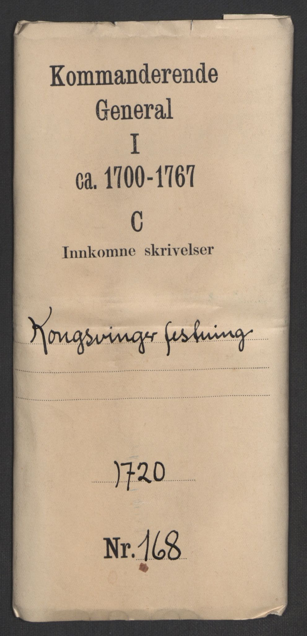 Kommanderende general (KG I) med Det norske krigsdirektorium, AV/RA-EA-5419/D/L0168: Kongsvinger festning: Brev, regnskapsekstrakter og inventarlister, 1720