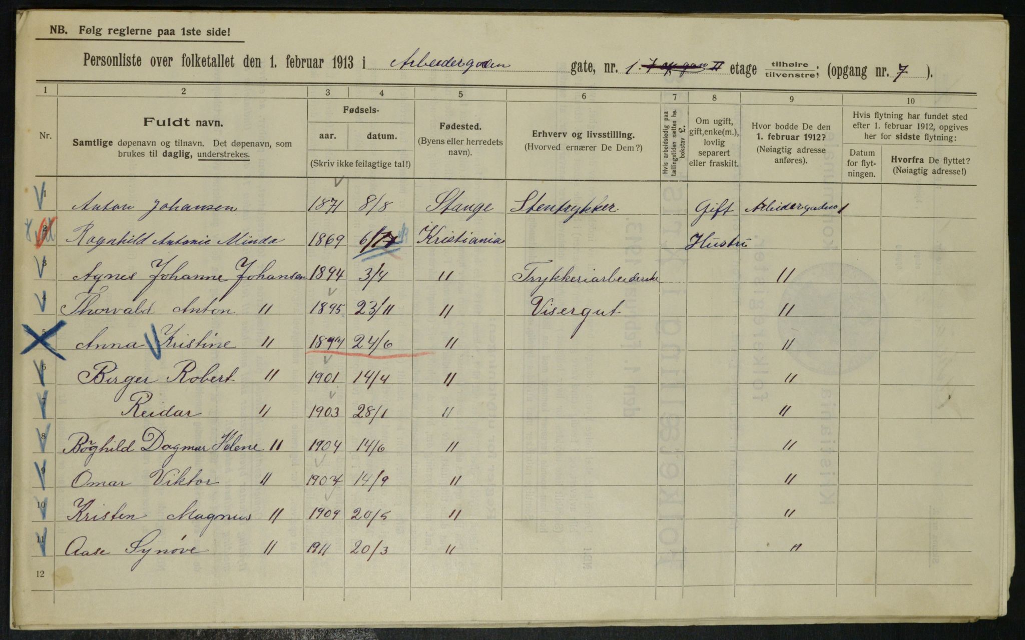 OBA, Kommunal folketelling 1.2.1913 for Kristiania, 1913, s. 1382