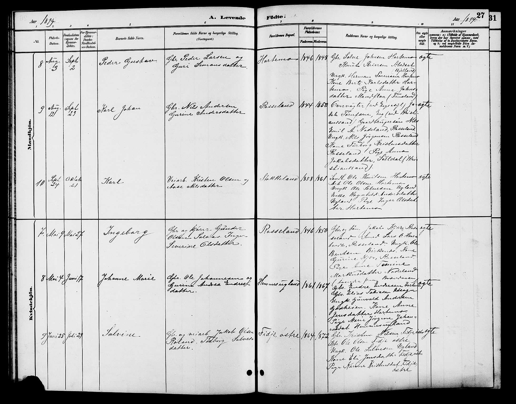 Søgne sokneprestkontor, AV/SAK-1111-0037/F/Fb/Fba/L0004: Klokkerbok nr. B 4, 1888-1903, s. 27