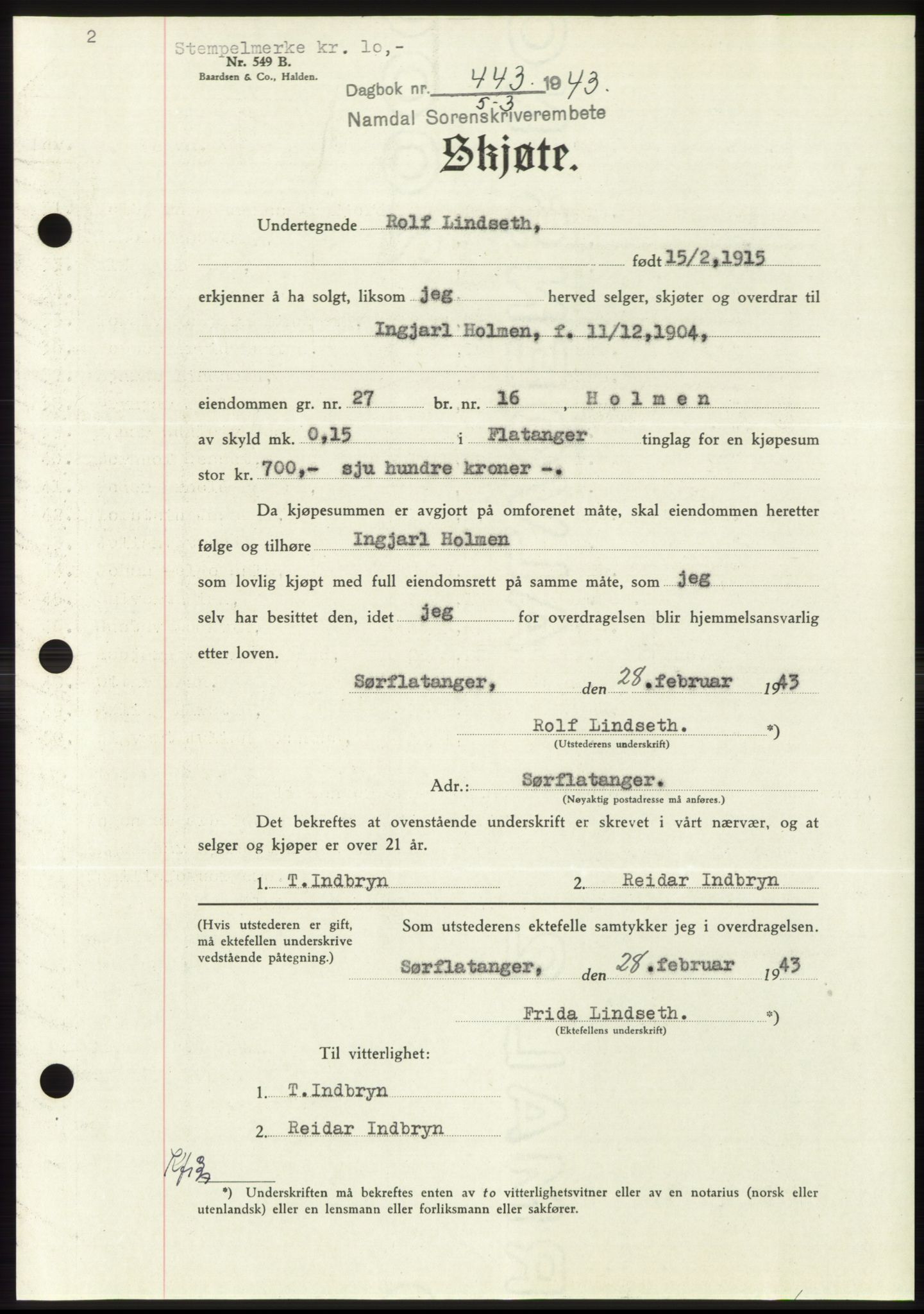 Namdal sorenskriveri, SAT/A-4133/1/2/2C: Pantebok nr. -, 1942-1943, Dagboknr: 443/1943