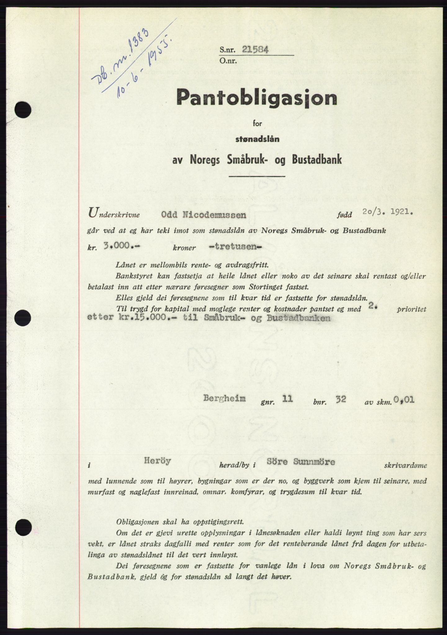 Søre Sunnmøre sorenskriveri, SAT/A-4122/1/2/2C/L0127: Pantebok nr. 15B, 1955-1955, Dagboknr: 1383/1955