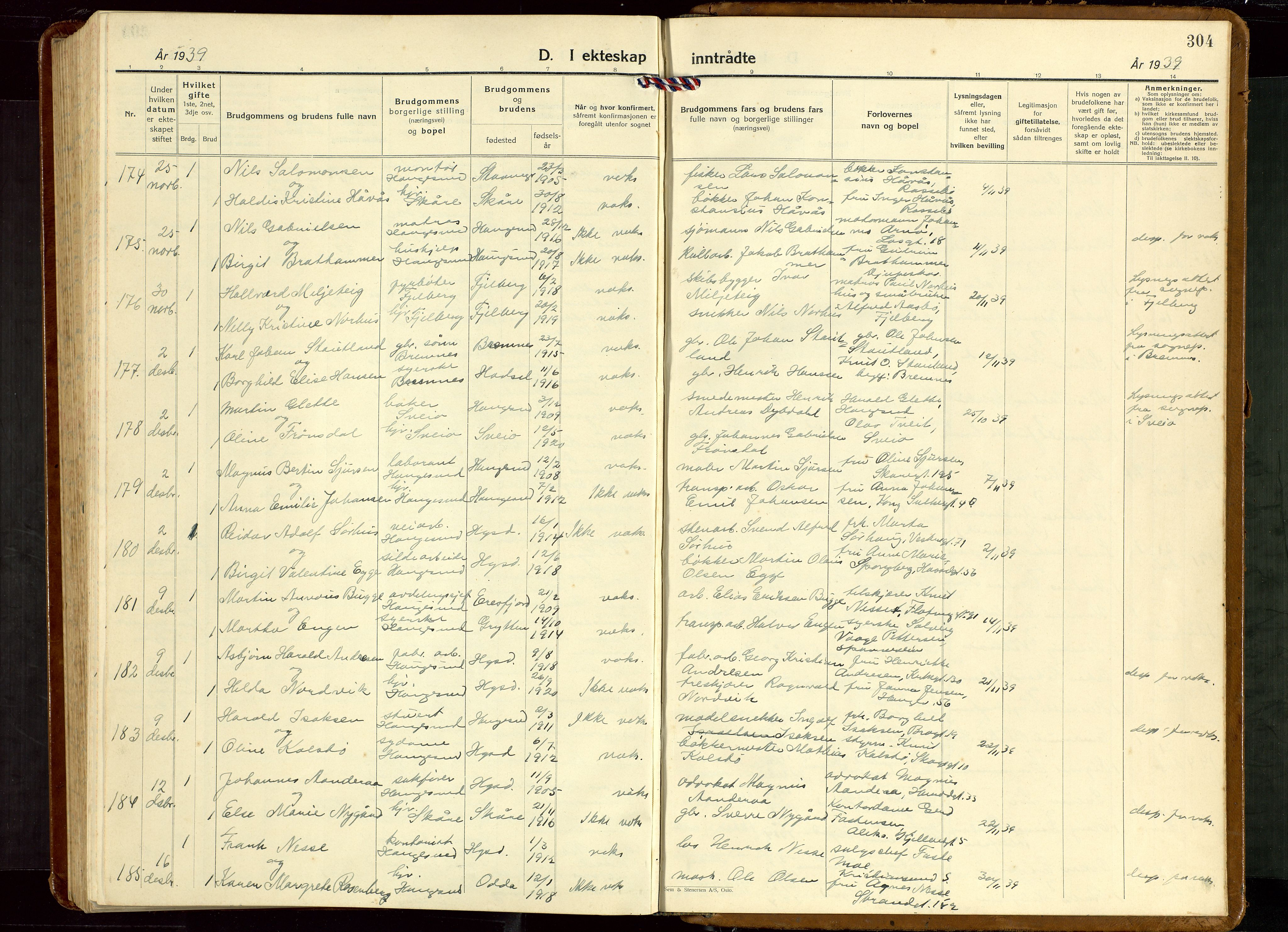 Haugesund sokneprestkontor, AV/SAST-A -101863/H/Ha/Hab/L0013: Klokkerbok nr. B 13, 1931-1943, s. 304