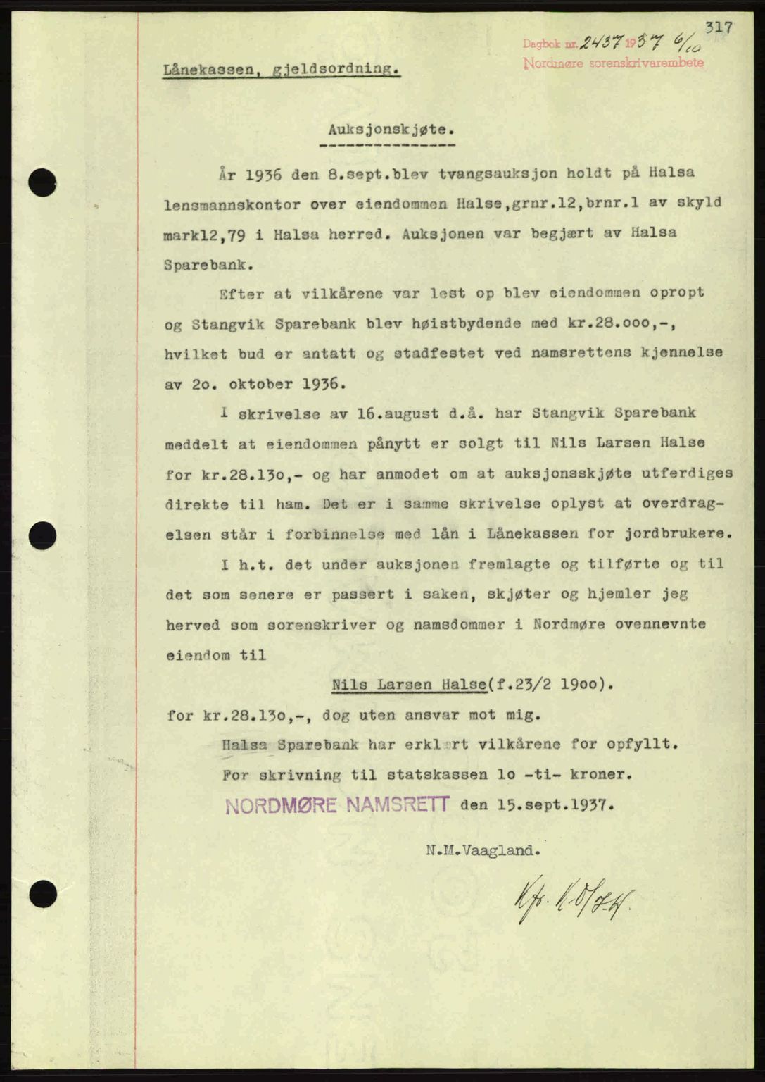 Nordmøre sorenskriveri, SAT/A-4132/1/2/2Ca: Pantebok nr. A82, 1937-1938, Dagboknr: 2437/1937