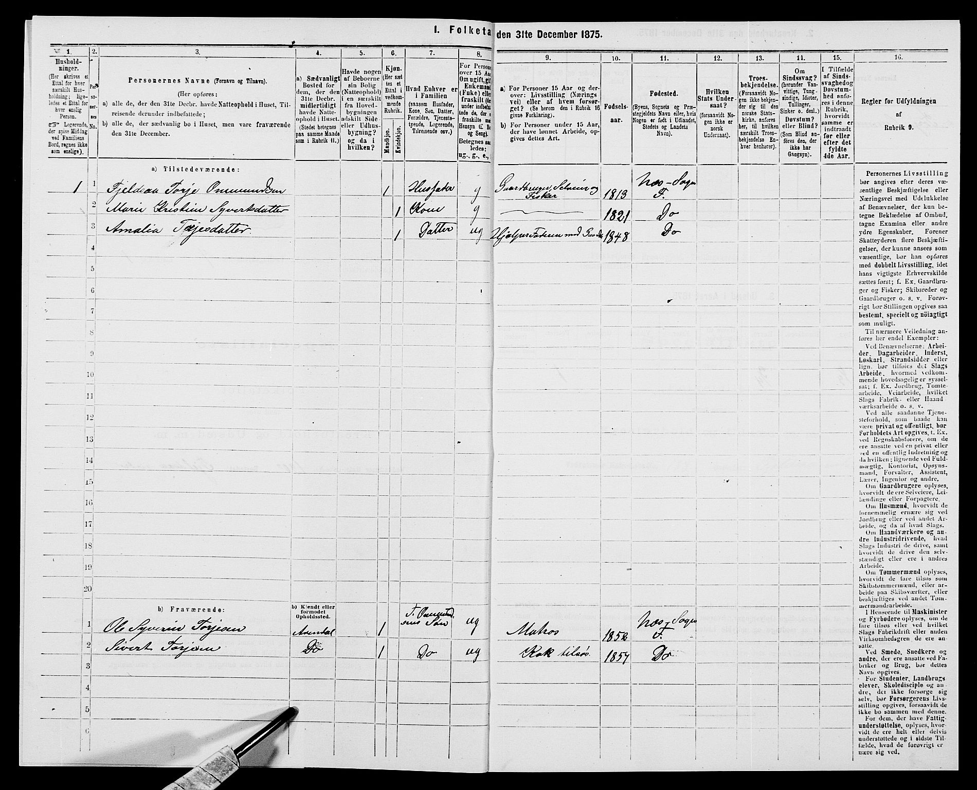 SAK, Folketelling 1875 for 1042L Flekkefjord prestegjeld, Nes sokn og Hidra sokn, 1875, s. 864