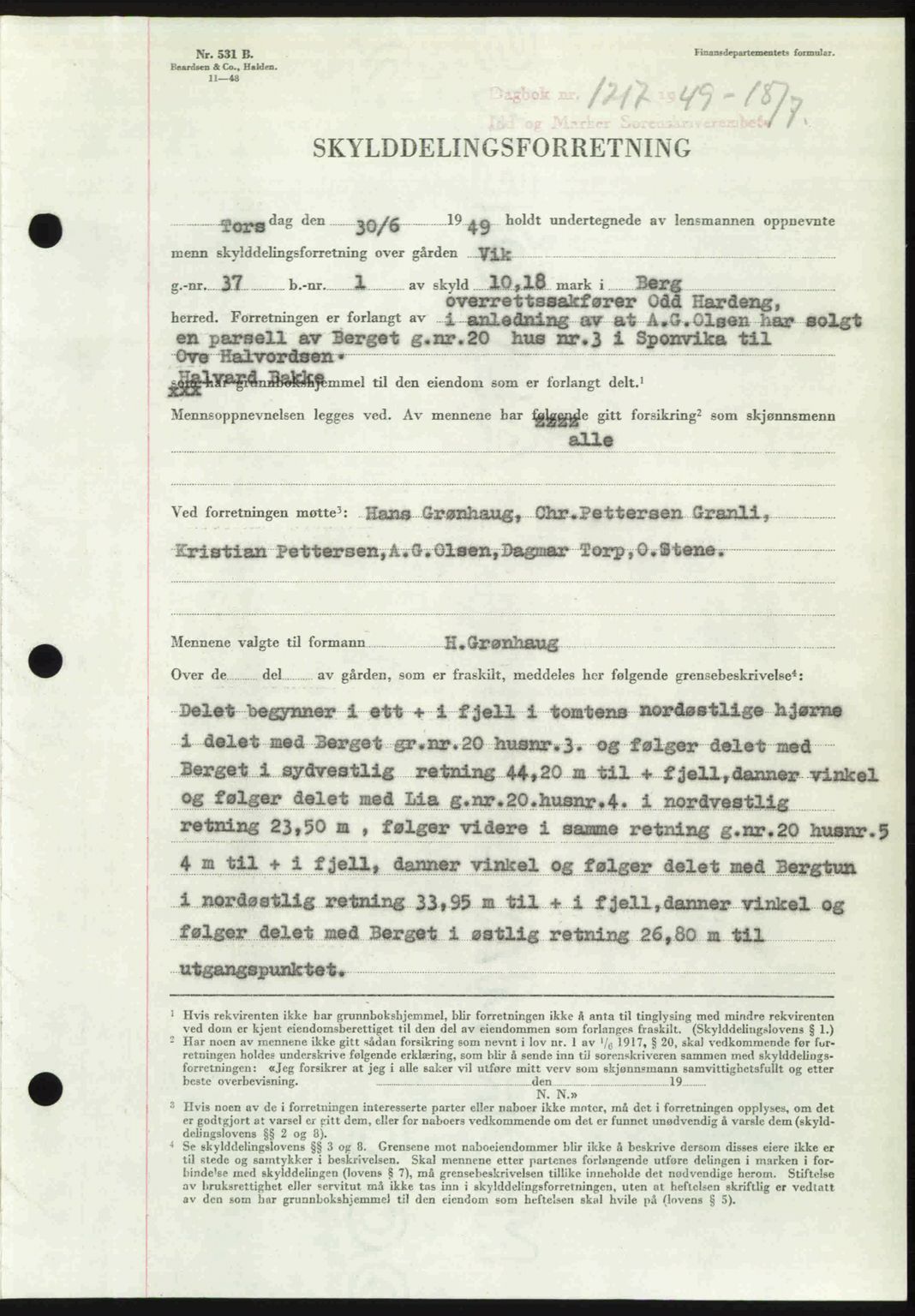 Idd og Marker sorenskriveri, SAO/A-10283/G/Gb/Gbb/L0012: Pantebok nr. A12, 1949-1949, Dagboknr: 1217/1949