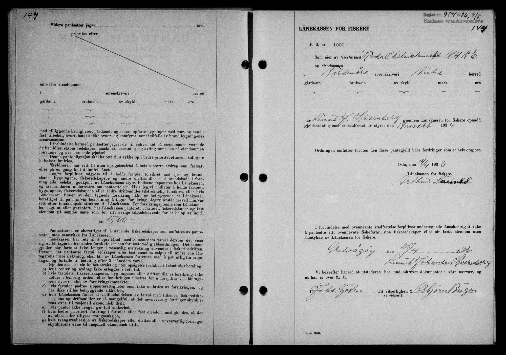 Nordmøre sorenskriveri, AV/SAT-A-4132/1/2/2Ca/L0088: Pantebok nr. 78, 1936-1936, Dagboknr: 954/1936