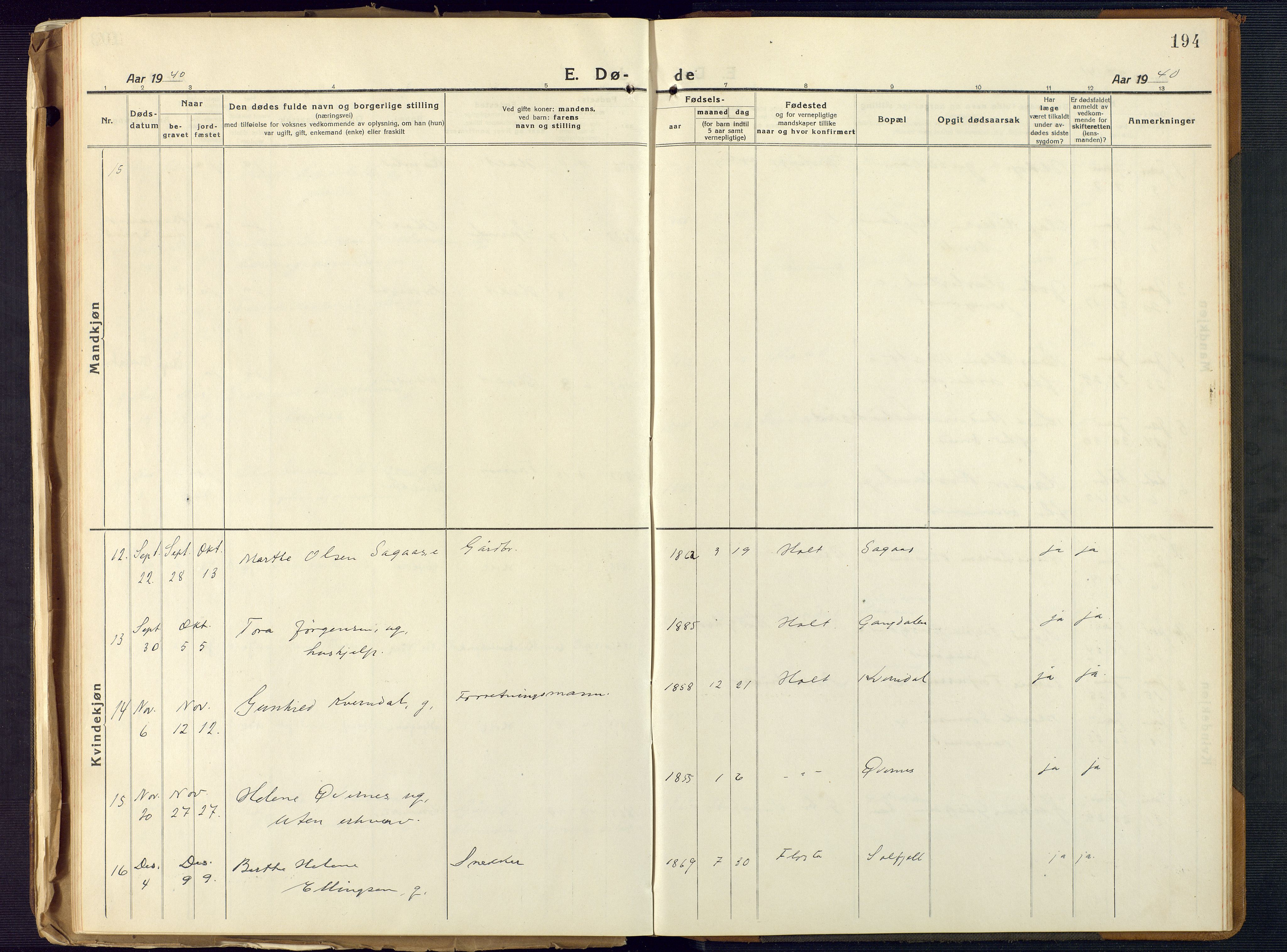 Holt sokneprestkontor, AV/SAK-1111-0021/F/Fb/L0012: Klokkerbok nr. B 12, 1919-1944, s. 194