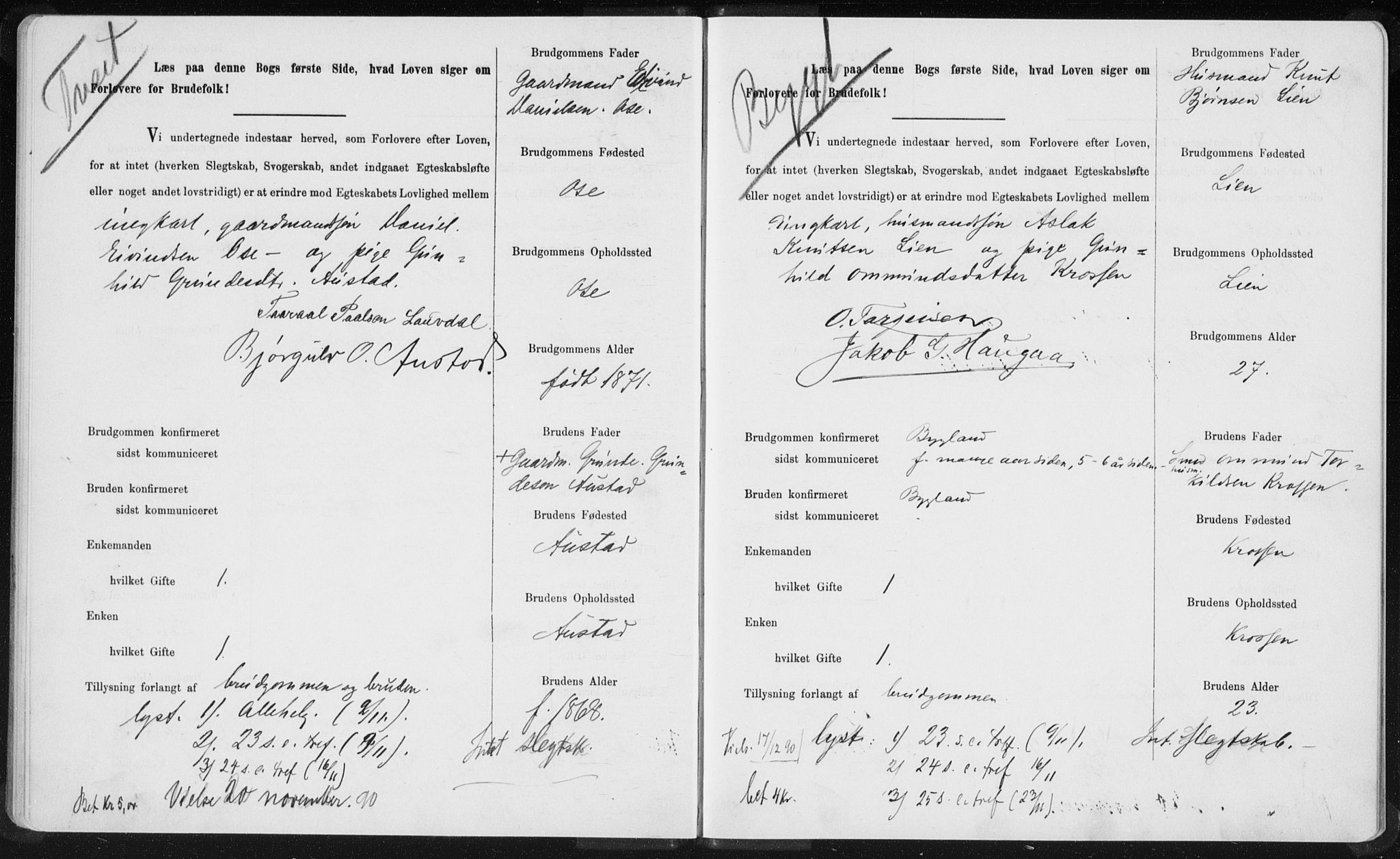 Bygland sokneprestkontor, AV/SAK-1111-0006/F/Fe/L0001: Lysningsprotokoll nr. II.5.1, 1887-1908