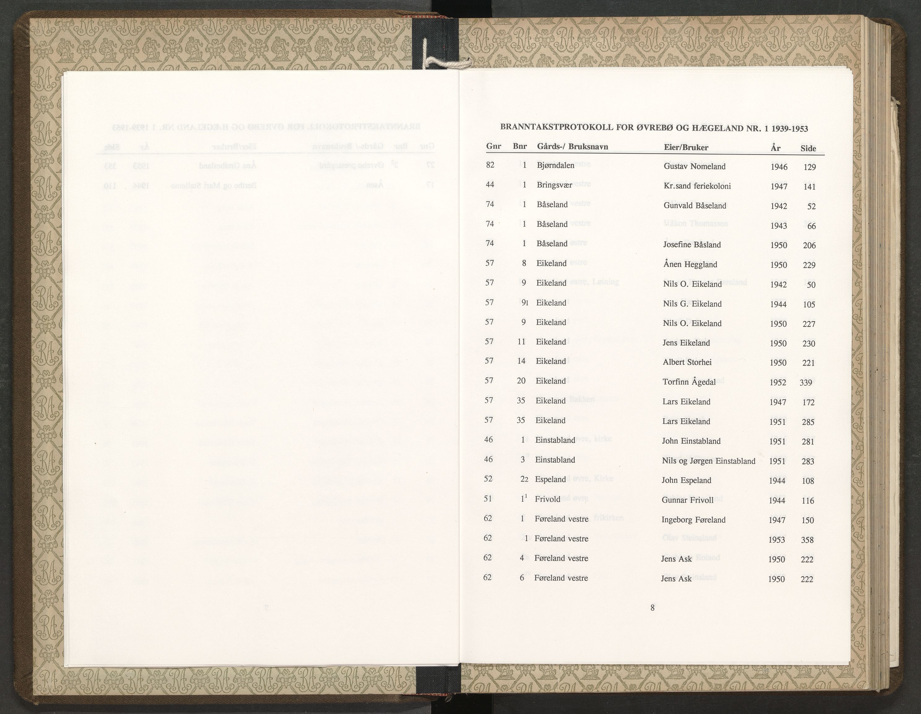 Norges Brannkasse Øvrebø og Hægeland, AV/SAK-2241-0058/F/Fa/L0001: Branntakstprotokoll nr. 1 med gårdsnavnregister, 1939-1953