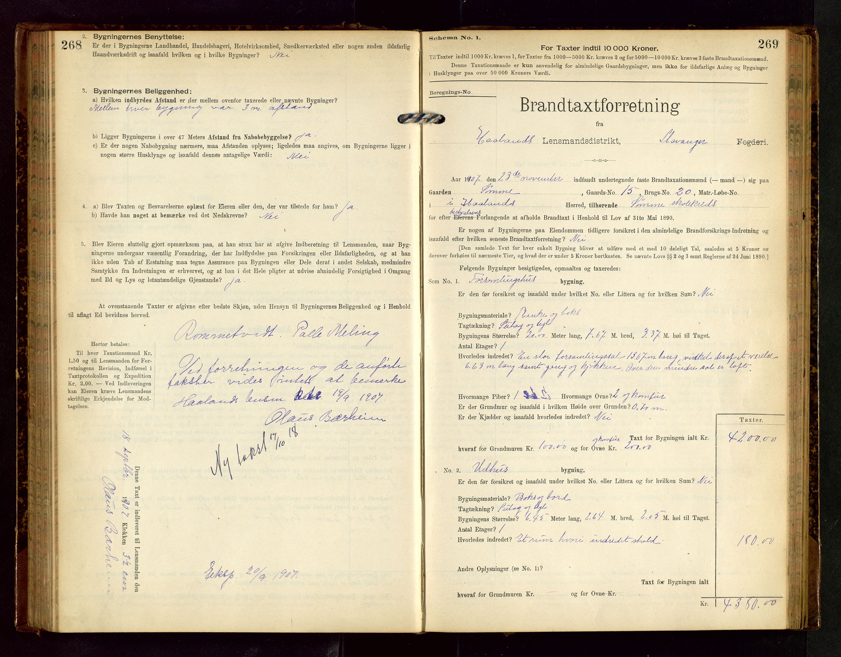 Håland lensmannskontor, AV/SAST-A-100100/Gob/L0002: Branntakstprotokoll - skjematakst. Register i boken., 1902-1906, s. 268-269