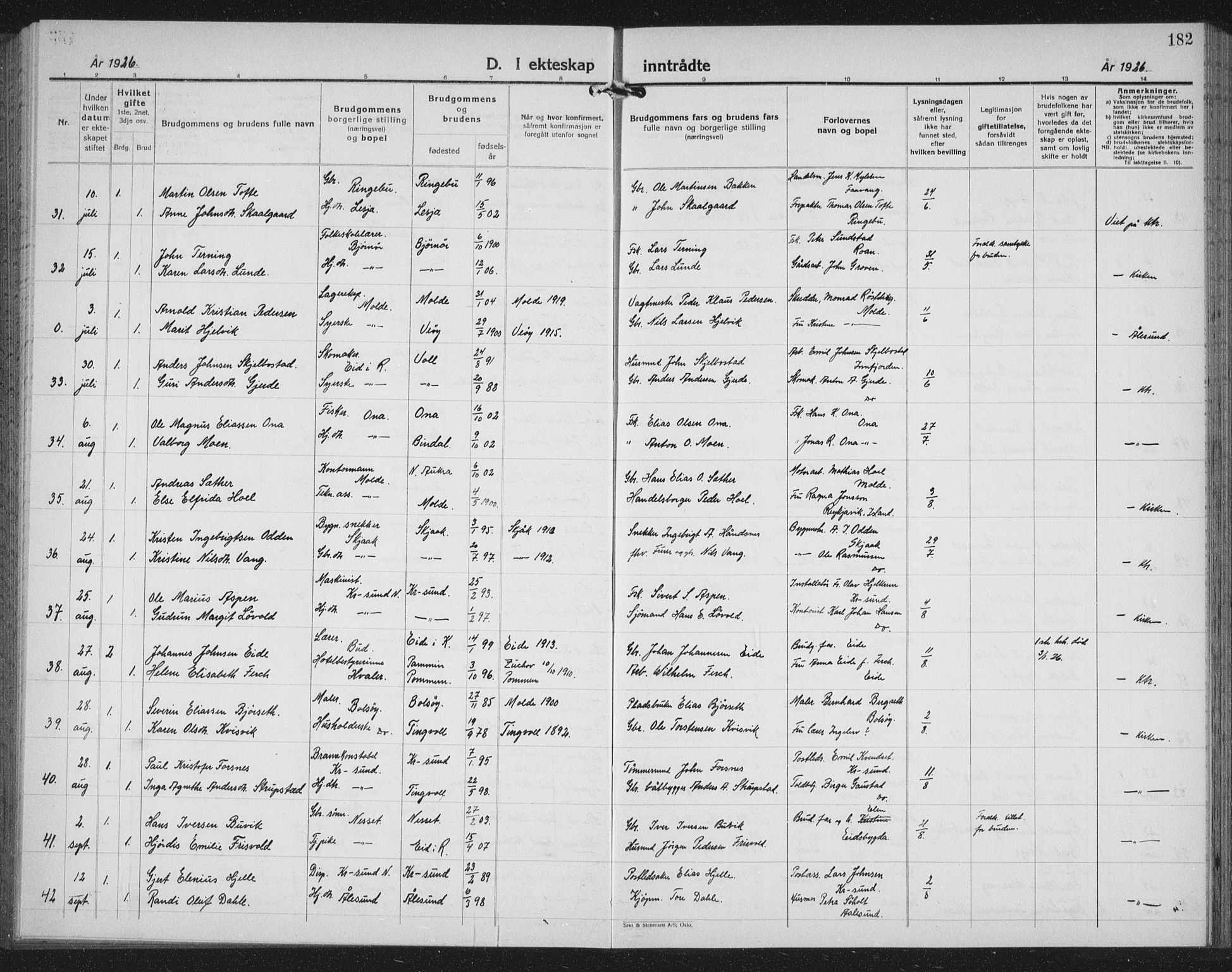 Ministerialprotokoller, klokkerbøker og fødselsregistre - Møre og Romsdal, AV/SAT-A-1454/558/L0704: Klokkerbok nr. 558C05, 1921-1942, s. 182