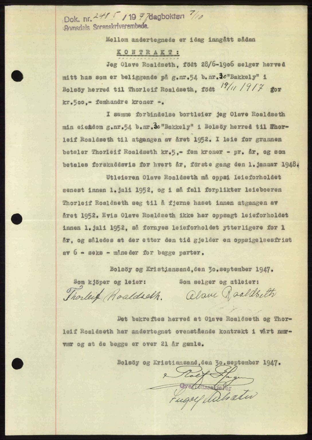 Romsdal sorenskriveri, SAT/A-4149/1/2/2C: Pantebok nr. A24, 1947-1947, Dagboknr: 2485/1947