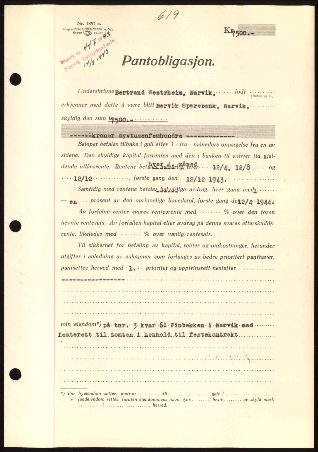 Narvik sorenskriveri, SAT/A-0002/1/2/2C/2Ca: Pantebok nr. A19, 1942-1943, Dagboknr: 447/1943