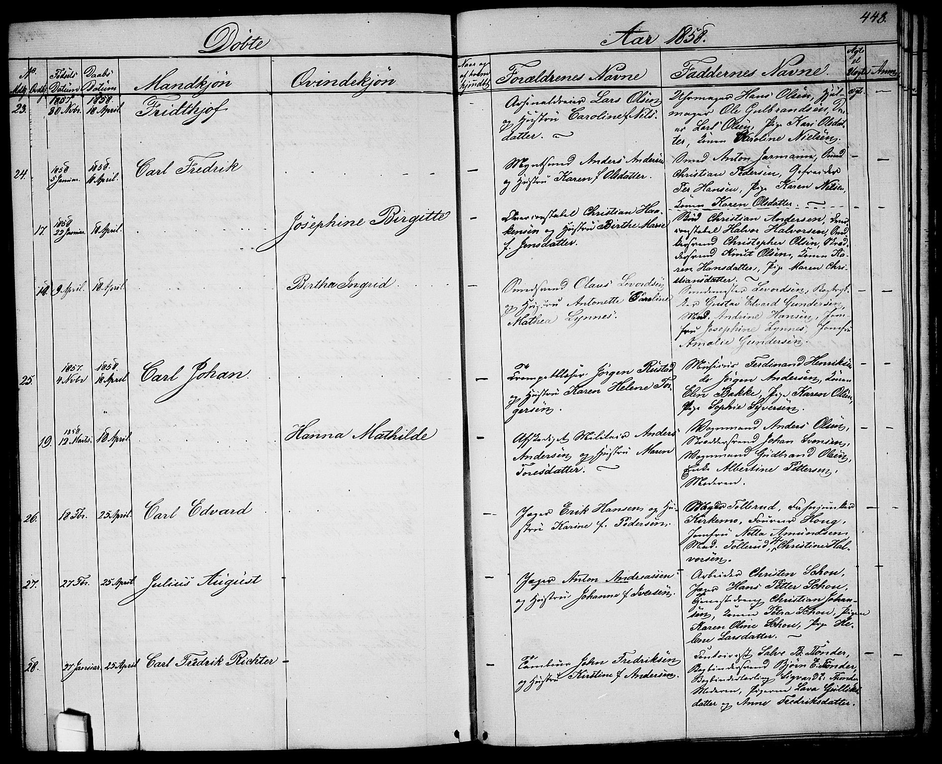 Garnisonsmenigheten Kirkebøker, AV/SAO-A-10846/G/Ga/L0005: Klokkerbok nr. 5, 1841-1860, s. 448