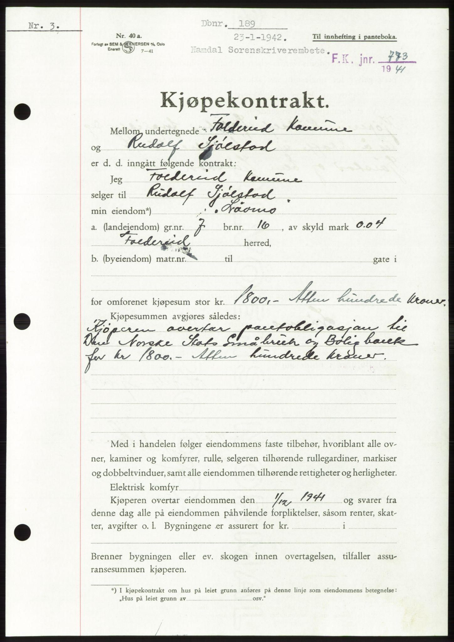 Namdal sorenskriveri, SAT/A-4133/1/2/2C: Pantebok nr. -, 1941-1942, Dagboknr: 189/1942