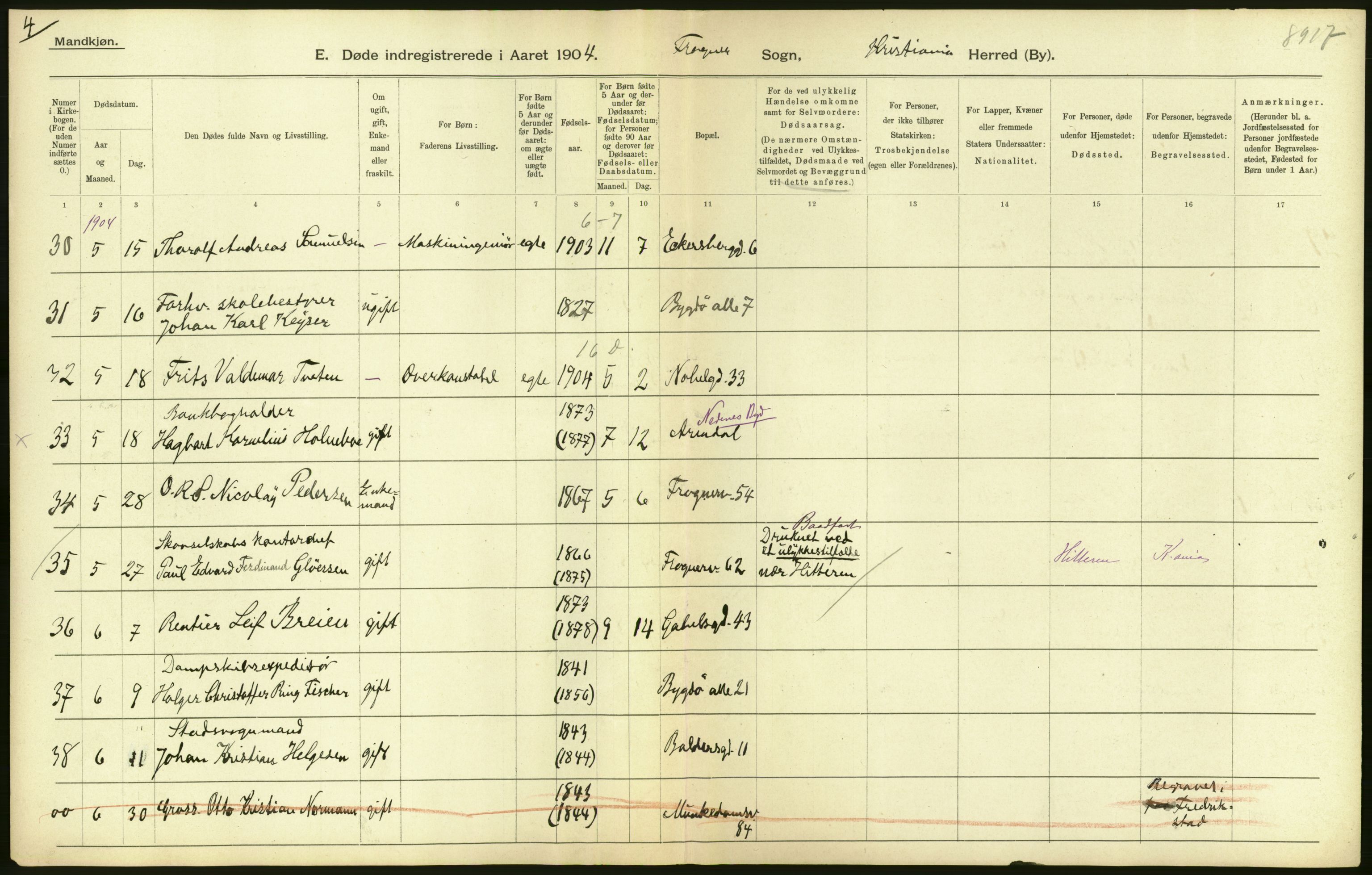 Statistisk sentralbyrå, Sosiodemografiske emner, Befolkning, AV/RA-S-2228/D/Df/Dfa/Dfab/L0004: Kristiania: Gifte, døde, 1904, s. 274