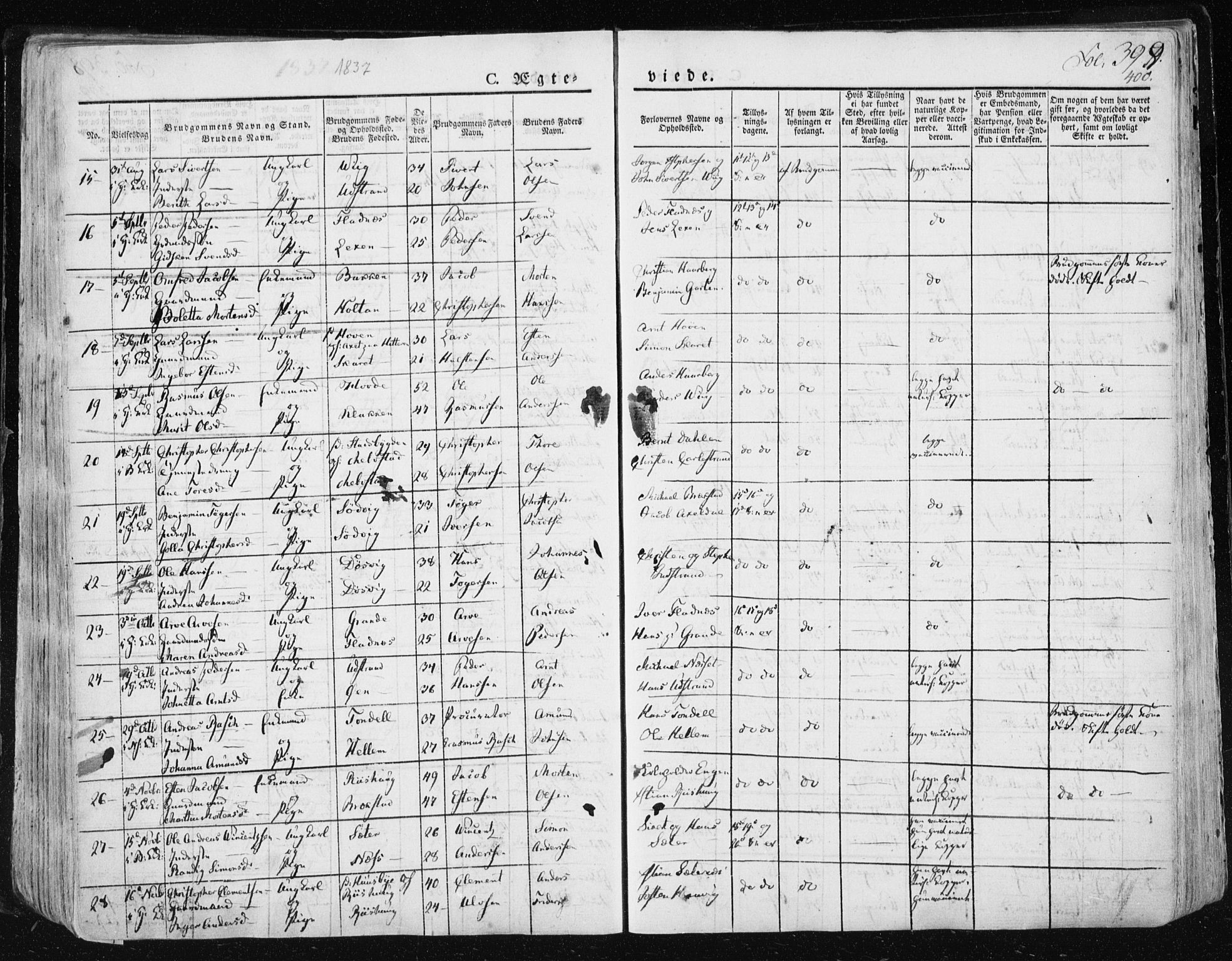 Ministerialprotokoller, klokkerbøker og fødselsregistre - Sør-Trøndelag, SAT/A-1456/659/L0735: Ministerialbok nr. 659A05, 1826-1841, s. 399