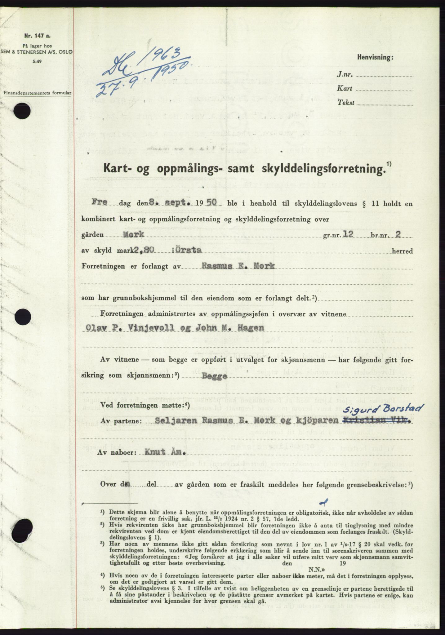 Søre Sunnmøre sorenskriveri, SAT/A-4122/1/2/2C/L0087: Pantebok nr. 13A, 1950-1950, Dagboknr: 1963/1950