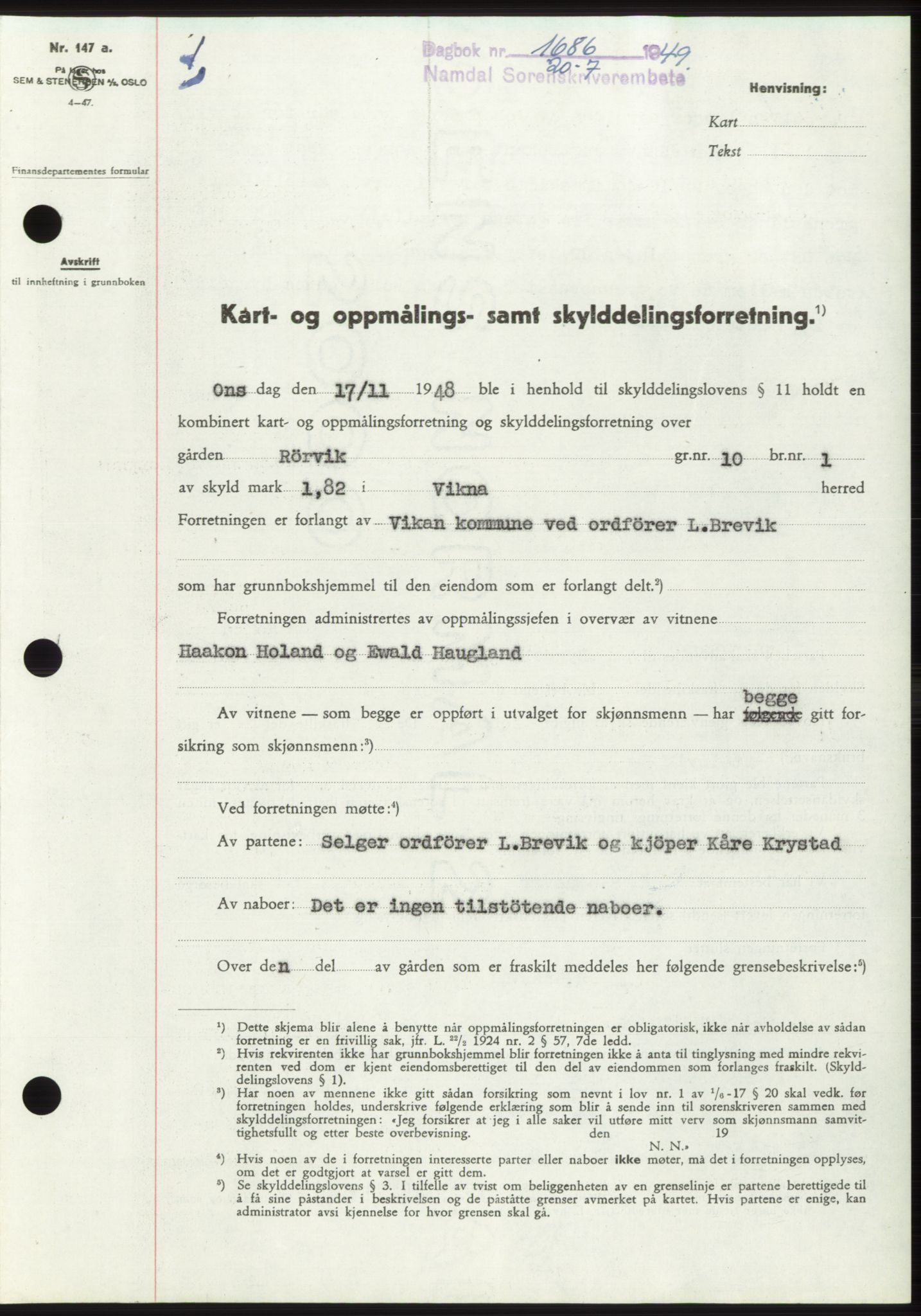 Namdal sorenskriveri, SAT/A-4133/1/2/2C: Pantebok nr. -, 1949-1949, Dagboknr: 1686/1949