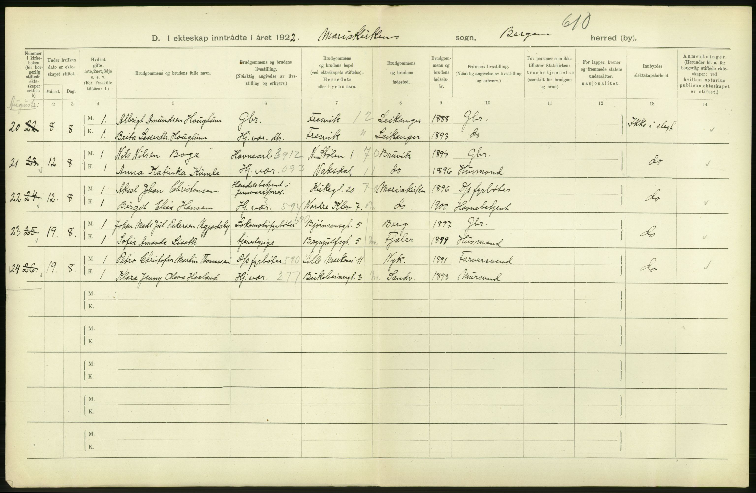 Statistisk sentralbyrå, Sosiodemografiske emner, Befolkning, AV/RA-S-2228/D/Df/Dfc/Dfcb/L0030: Bergen: Gifte, døde, dødfødte., 1922, s. 72