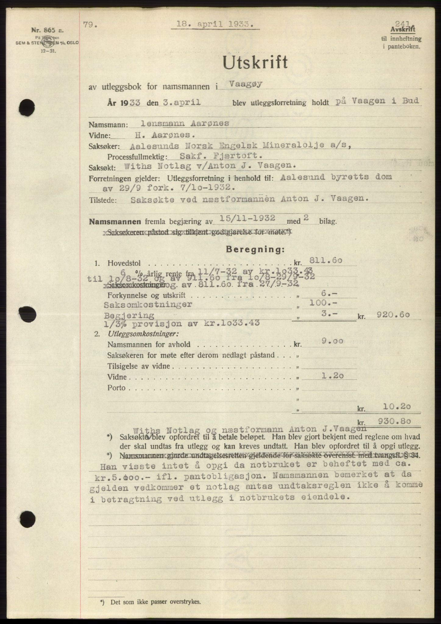 Romsdal sorenskriveri, AV/SAT-A-4149/1/2/2C/L0063: Pantebok nr. 57, 1933-1933, Tingl.dato: 18.04.1933